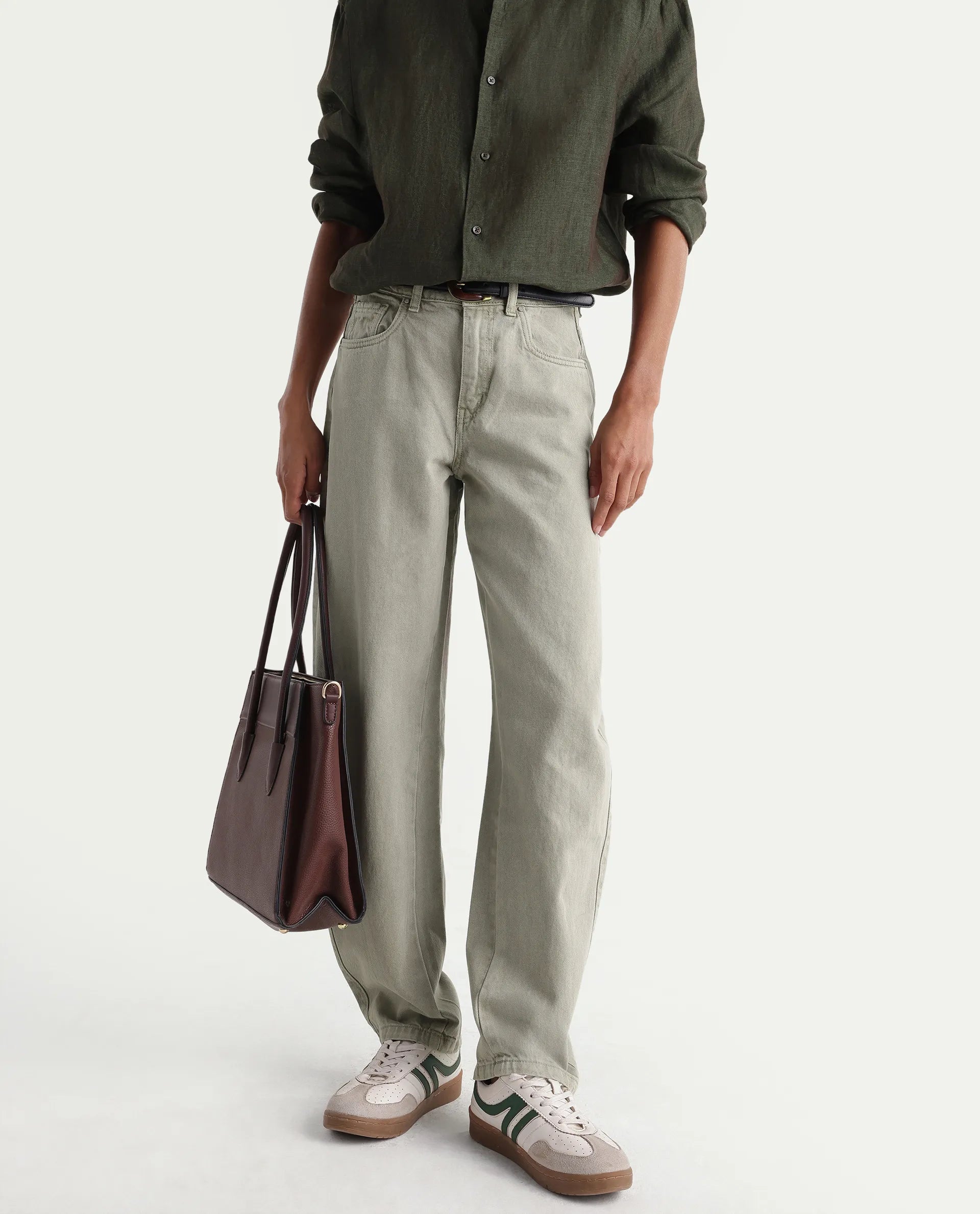 Rareism Women's Talbo Olive Cotton Plain Tall Barrel Fit Jeans
