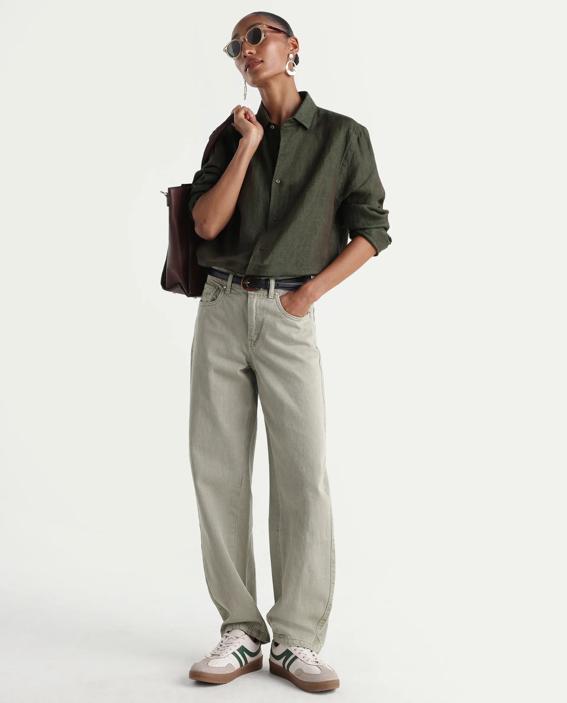 Rareism Women's Talbo Olive Cotton Plain Tall Barrel Fit Jeans