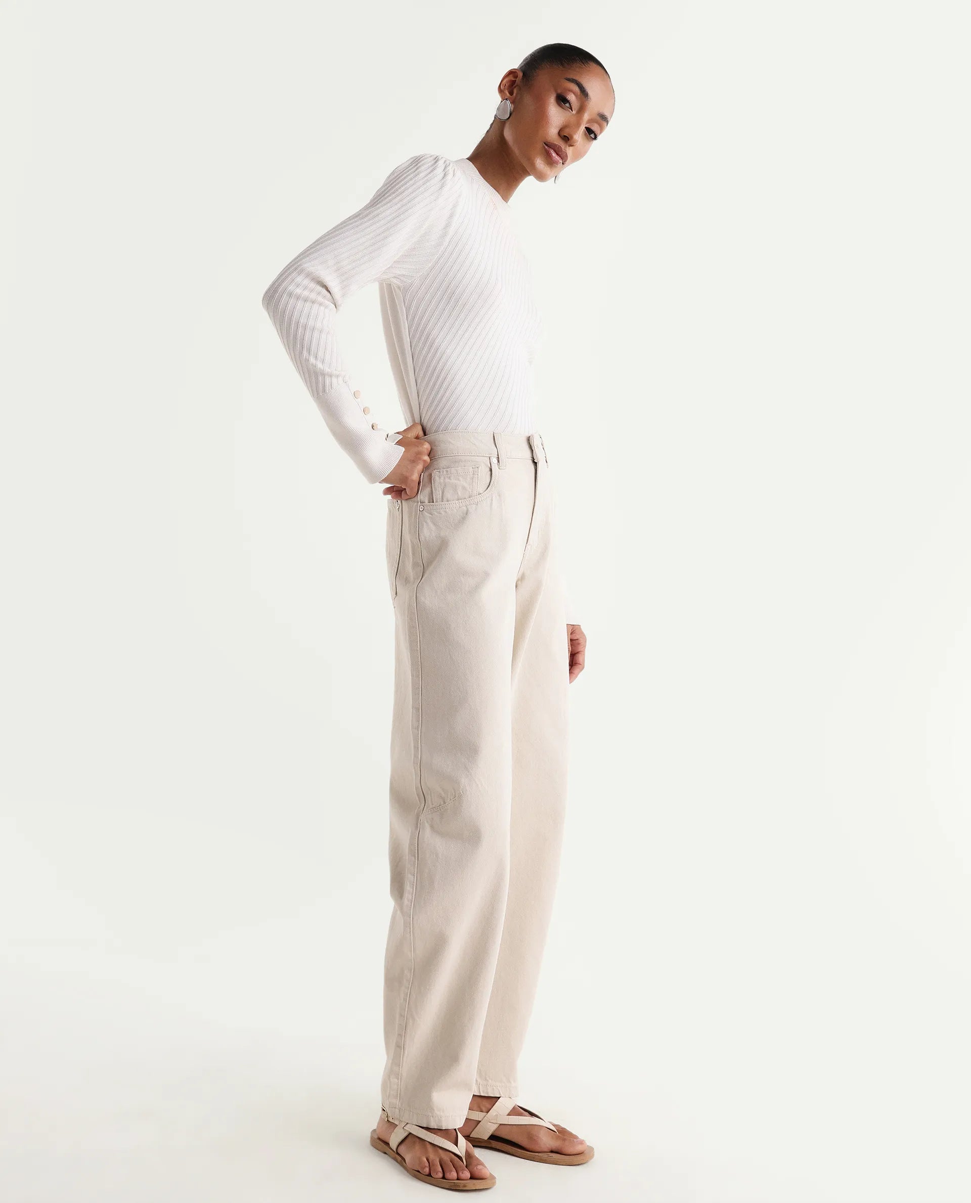 Rareism Women's Talben Beige Cotton Tall Barrel Fit Plain Jeans