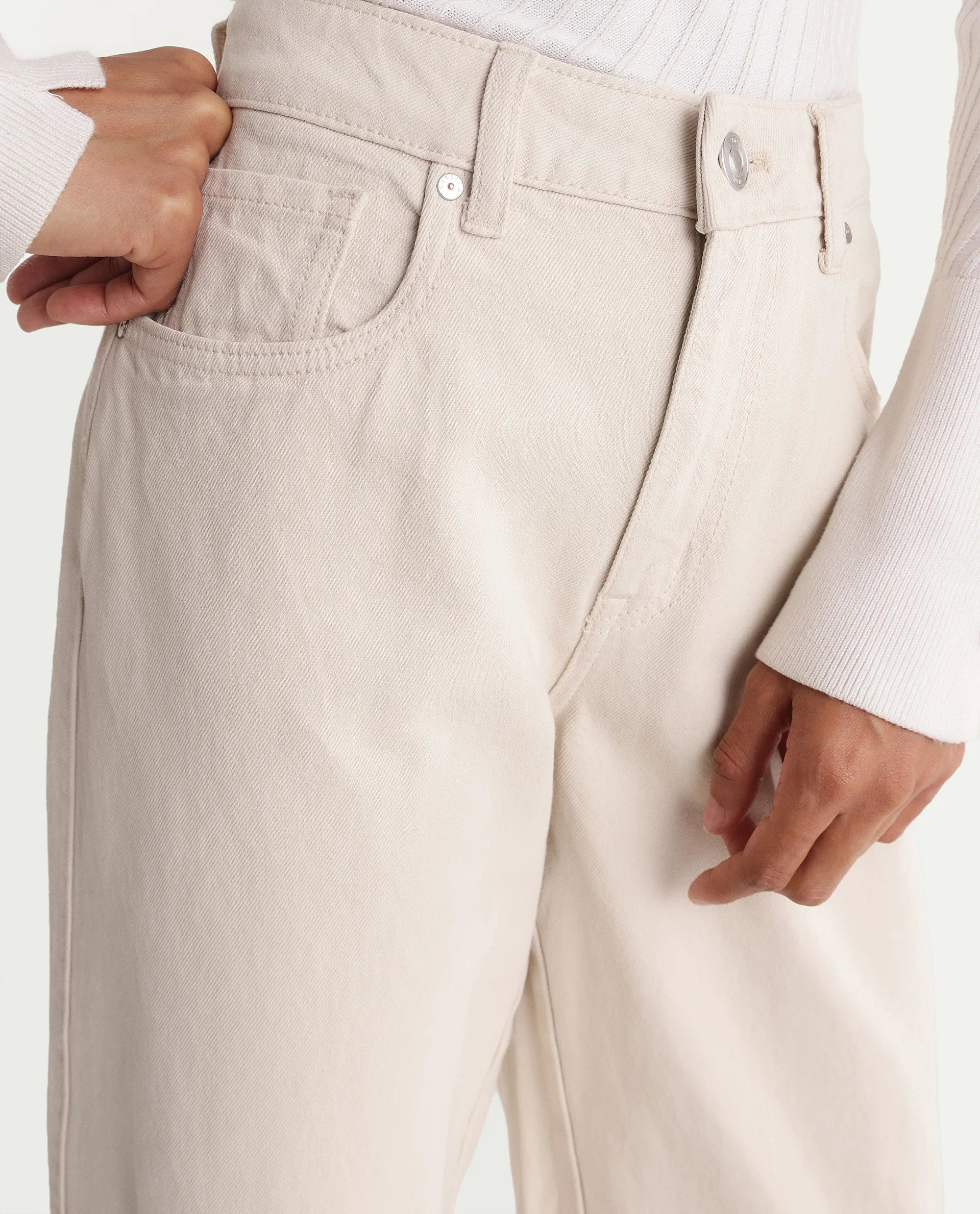 Rareism Women's Talben Beige Cotton Tall Barrel Fit Plain Jeans