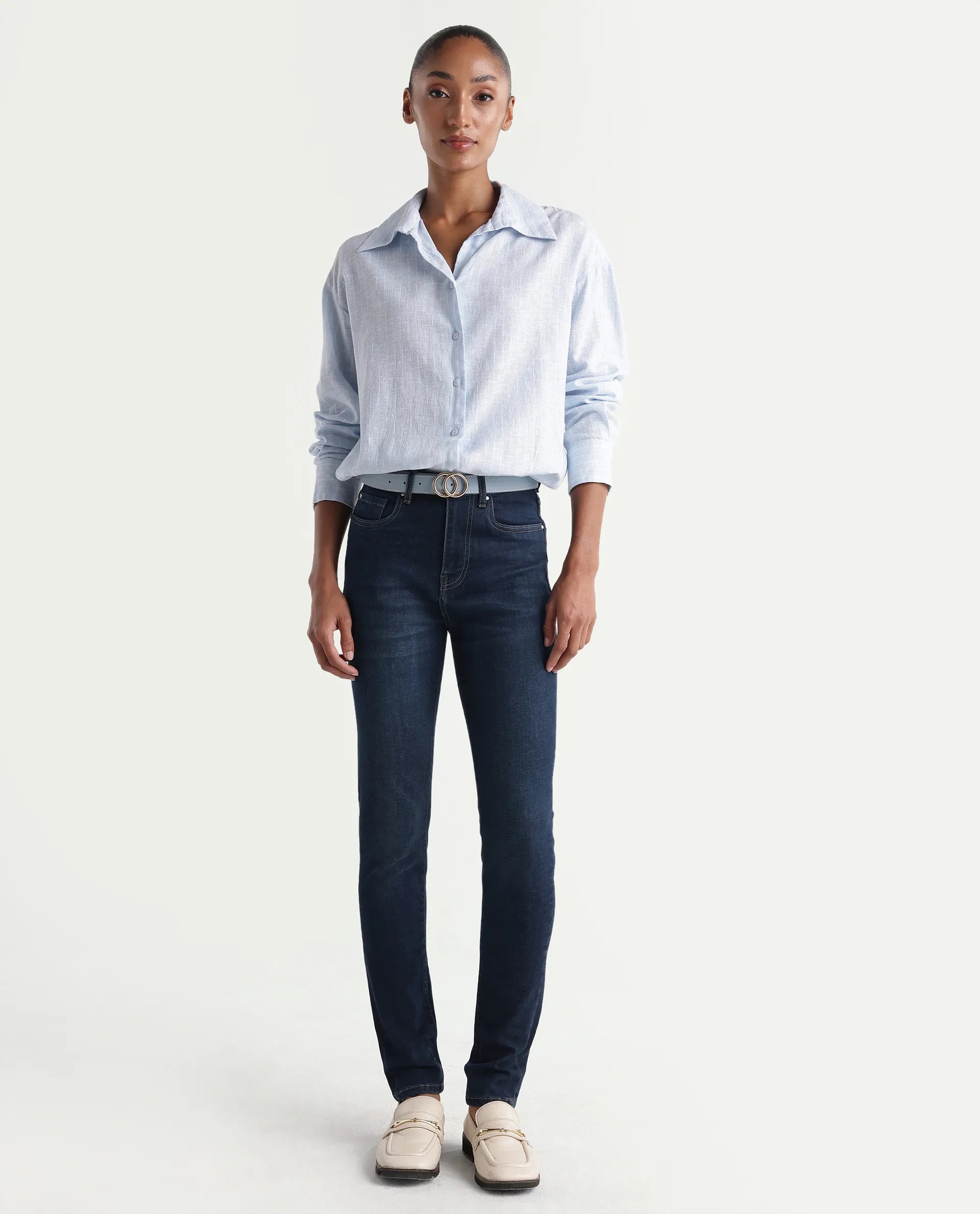 Rareism Women's Skenyom Blue Cotton Blend Skinny Fit Plain Jeans