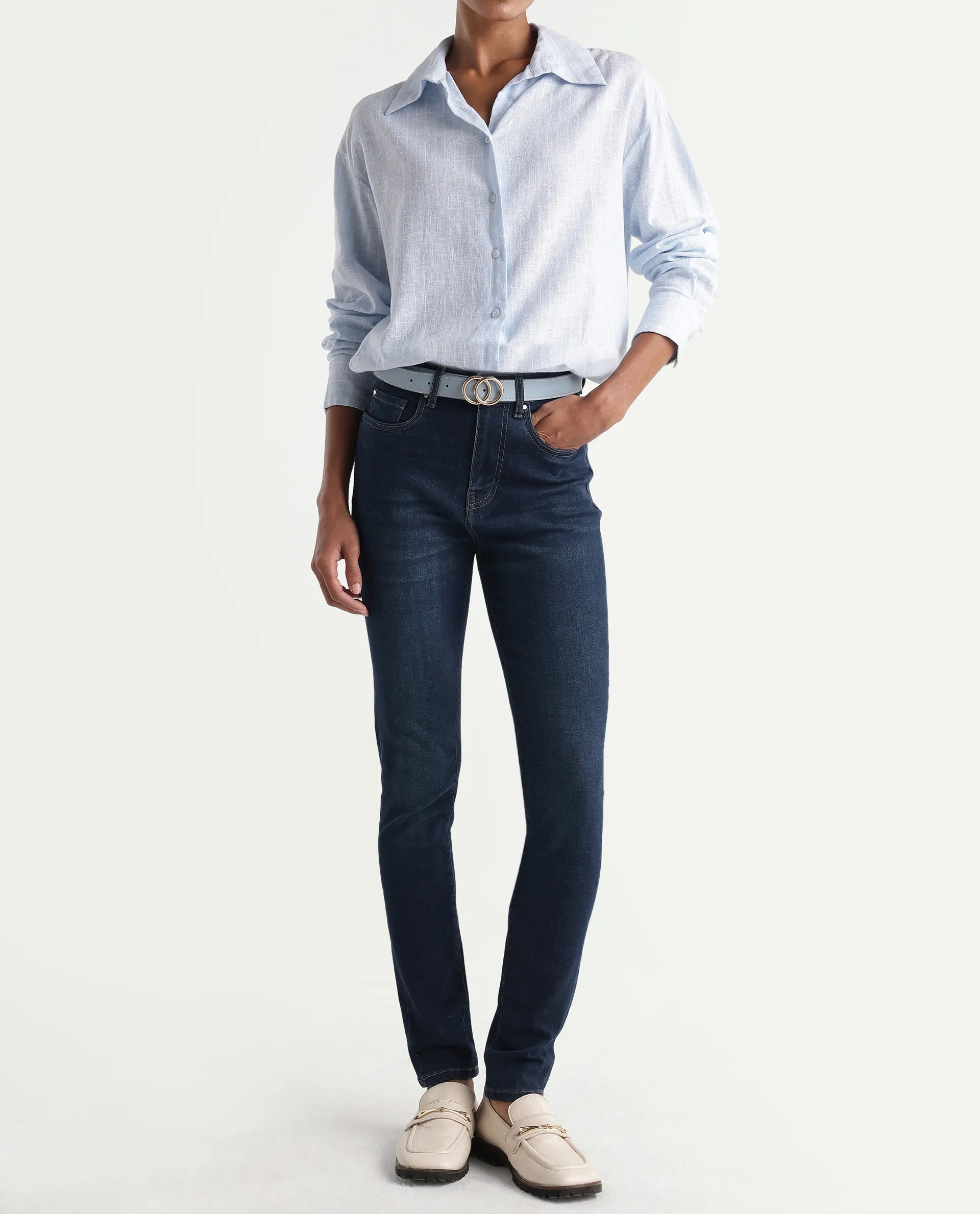 Rareism Women's Skenyom Blue Cotton Blend Skinny Fit Plain Jeans