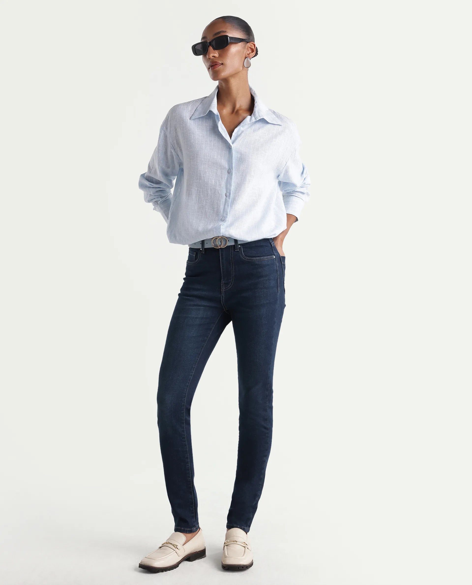 Rareism Women's Skenyom Blue Cotton Blend Skinny Fit Plain Jeans