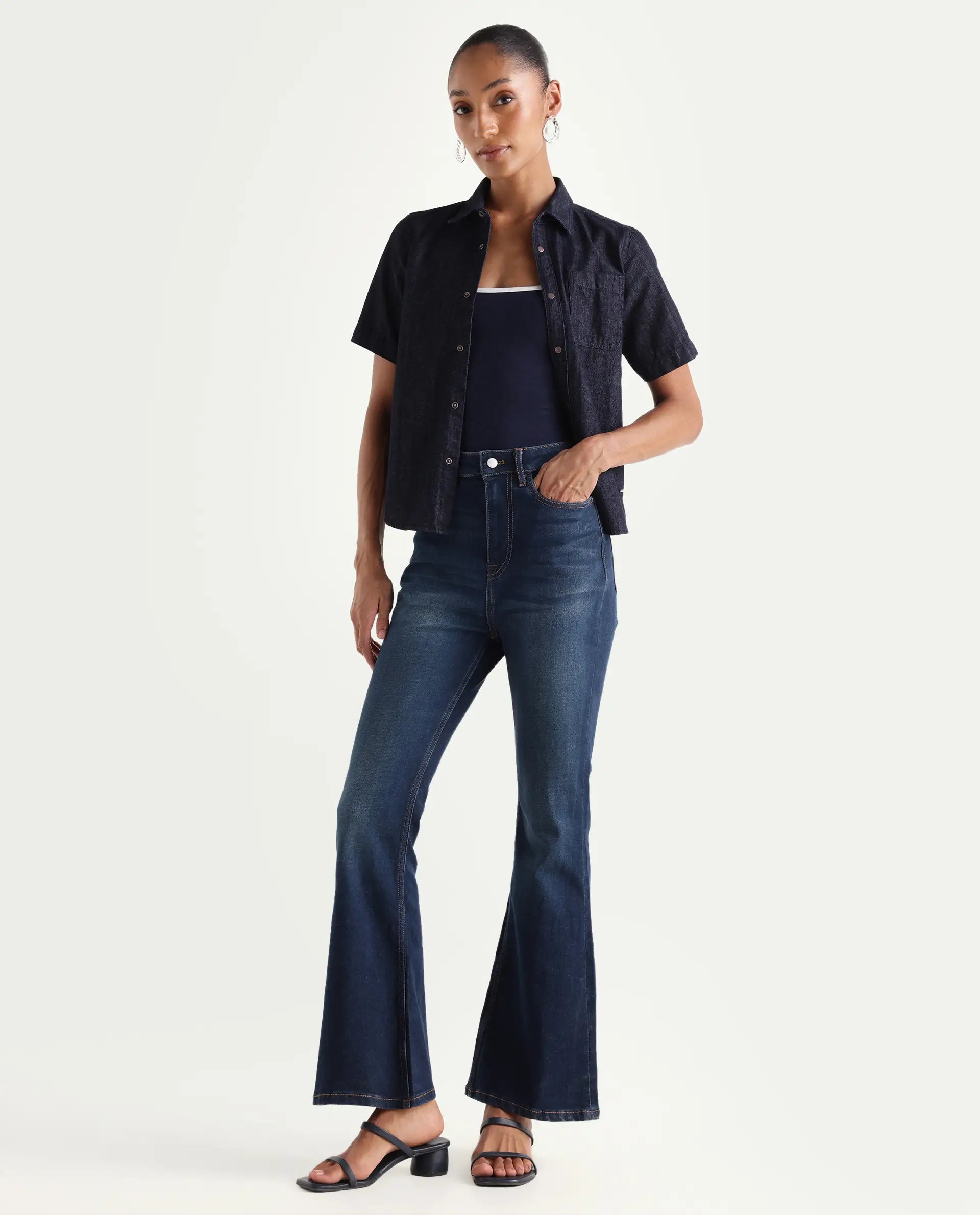 Rareism Women's Benod Dark Blue Cotton Blend Bootcut Plain Jeans