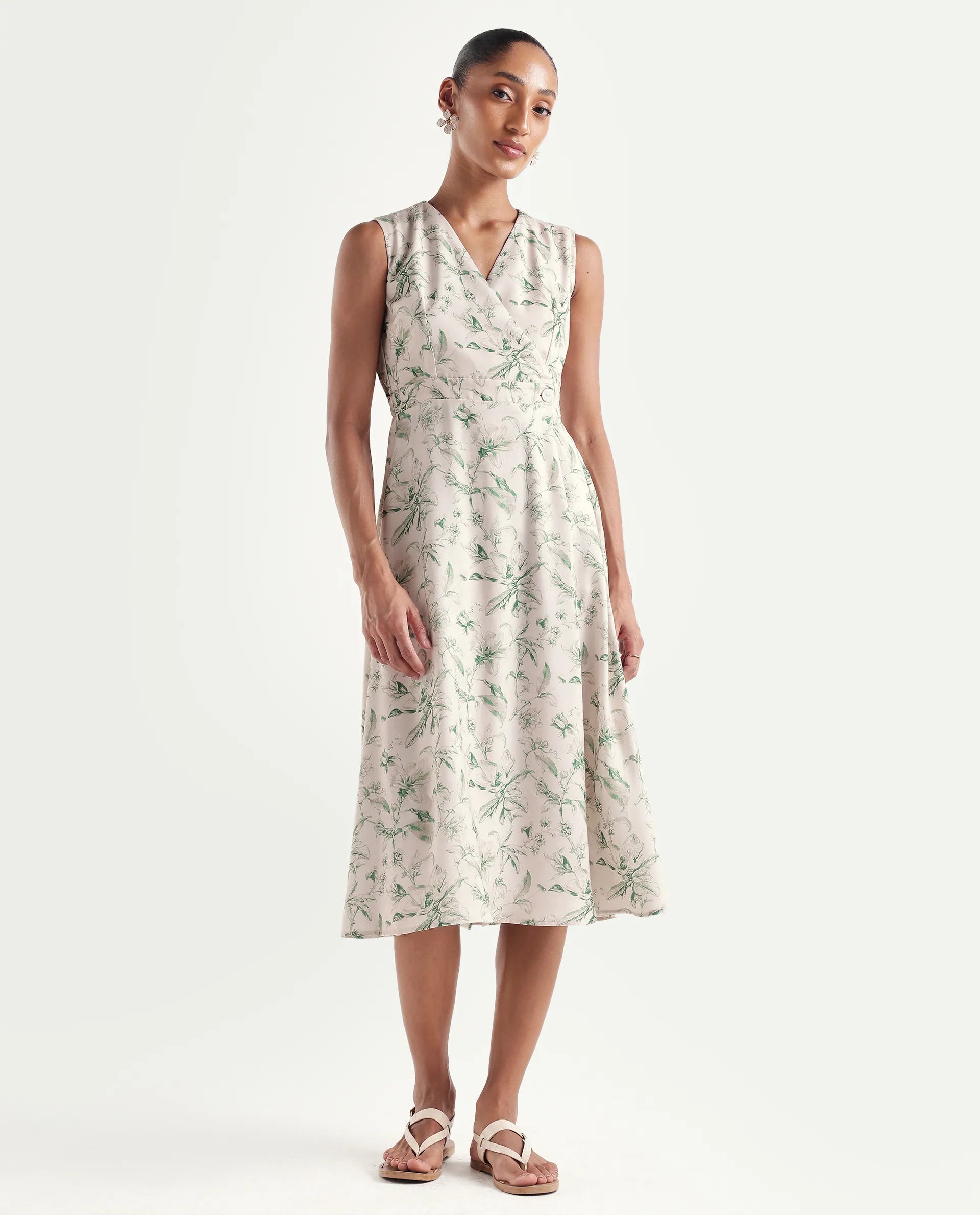 Rareism Women's Eletass26 Light Green Sleeveless V-Neck A-Line Printed Dress