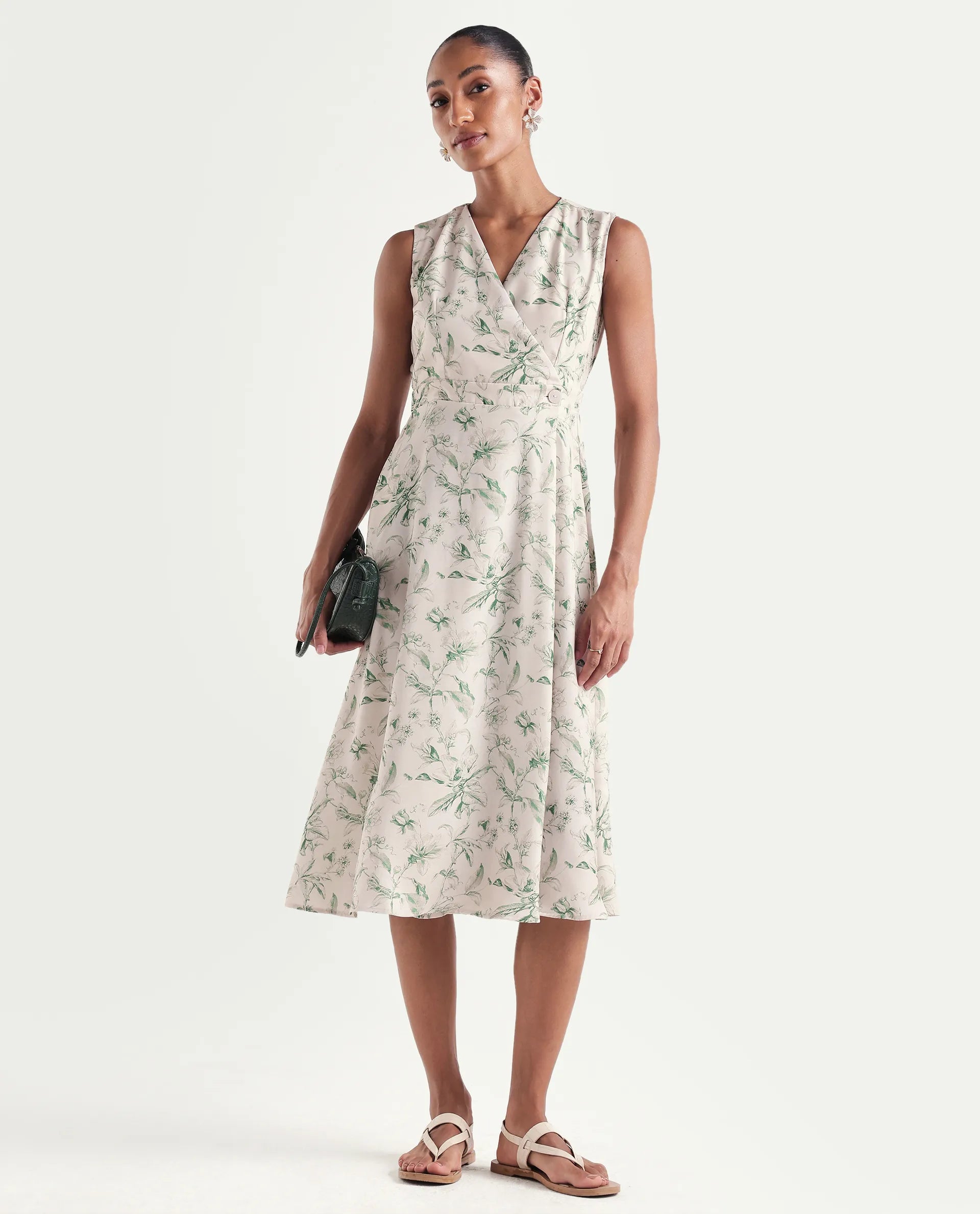 Rareism Women's Eletass26 Light Green Sleeveless V-Neck A-Line Printed Dress
