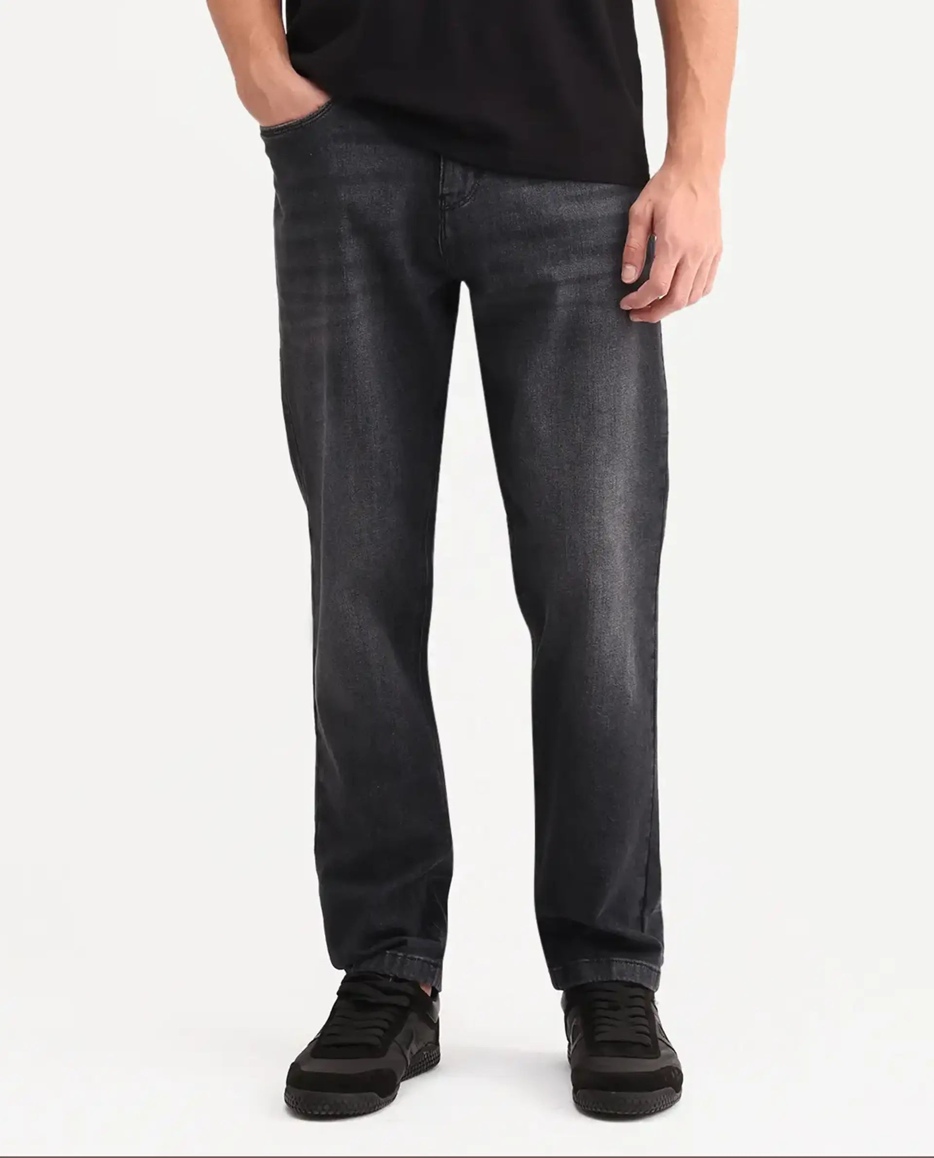Rare Rabbit Men's Tova Dark Grey Cotton Fabric Shank And Zipper Kurt Carrot Fit Plain Jeans