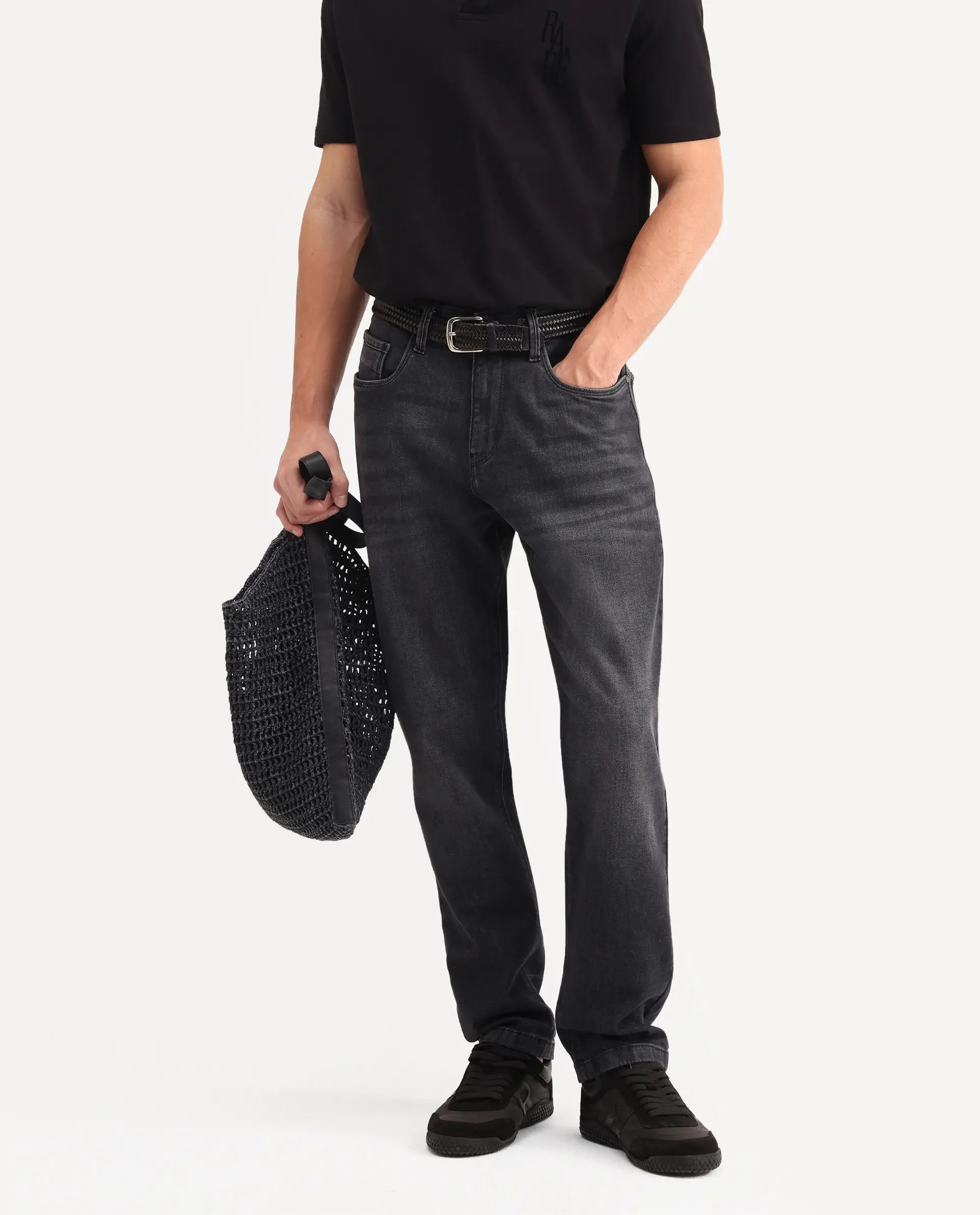 Rare Rabbit Men's Tova Dark Grey Cotton Fabric Shank And Zipper Kurt Carrot Fit Plain Jeans