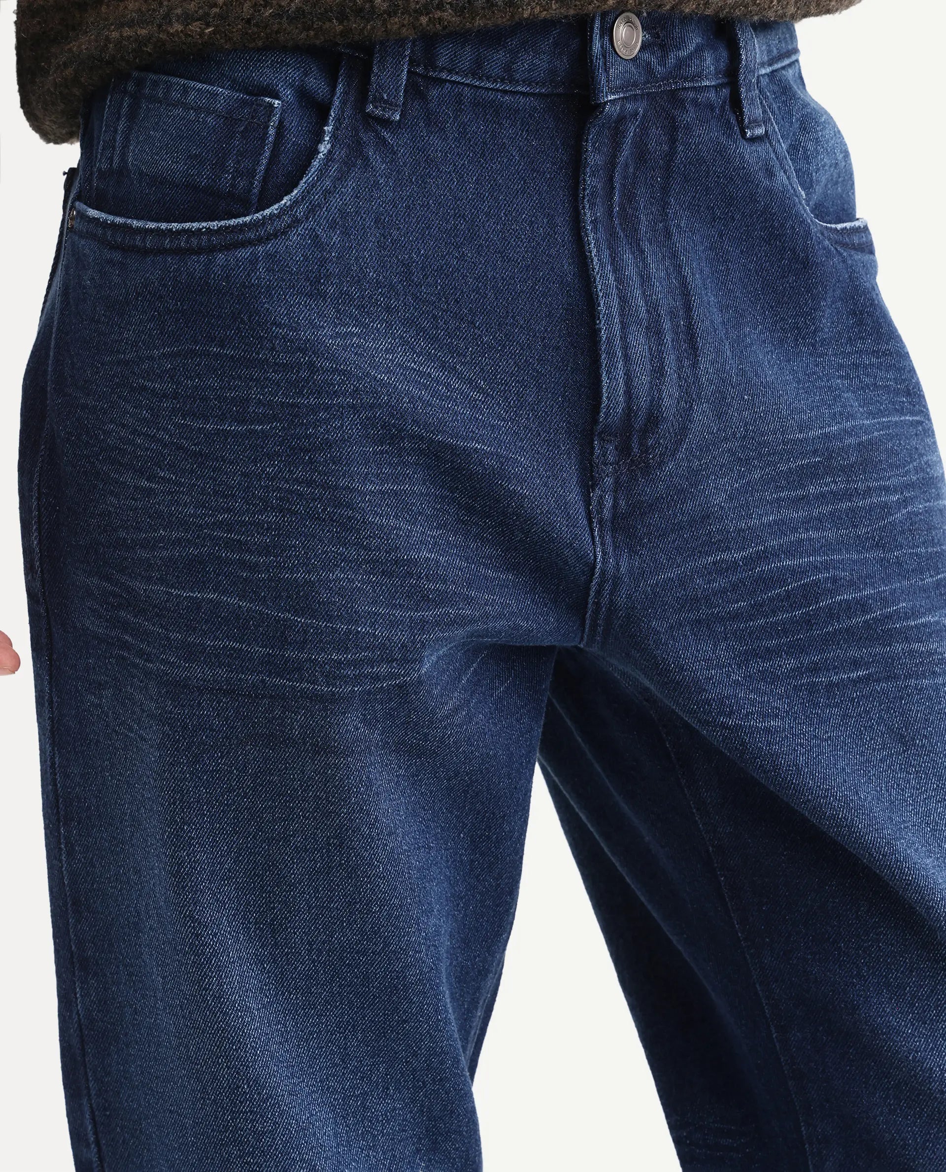 Rare Rabbit Men's Laxx Dark Blue Cotton Blend Fabric Shank And Zipper Kurt Carrot Plain Jeans