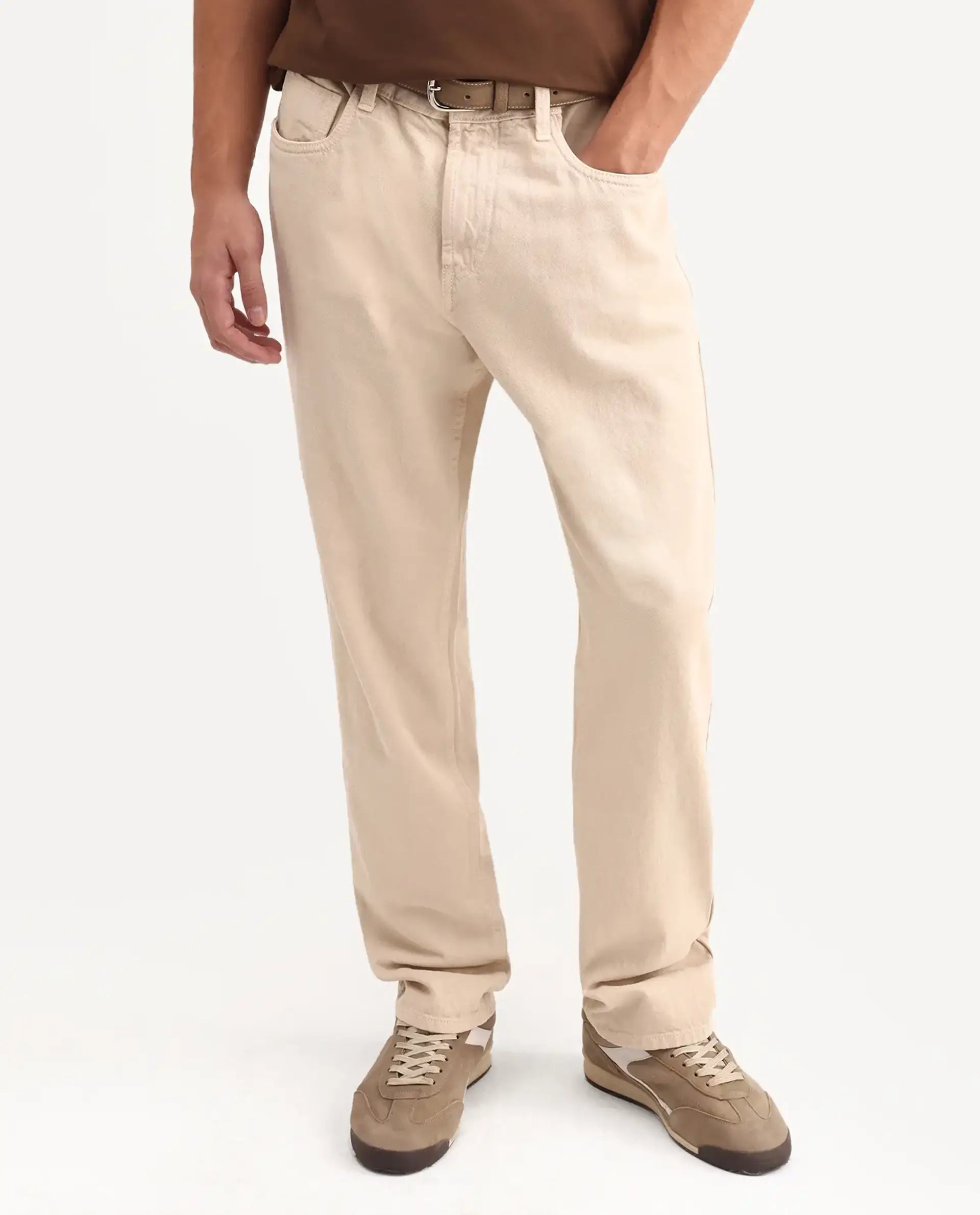 Rare Rabbit Men's Arvin Light Beige Cotton Fabric Shank And Zipper Kurt Carrot Plain Jeans
