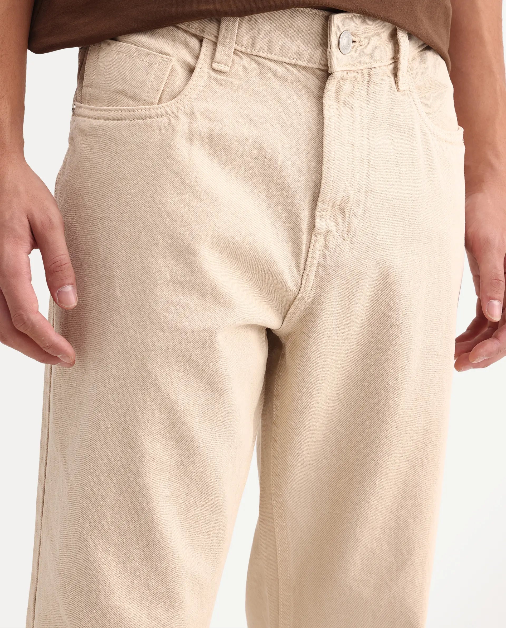 Rare Rabbit Men's Arvin Light Beige Cotton Fabric Shank And Zipper Kurt Carrot Plain Jeans