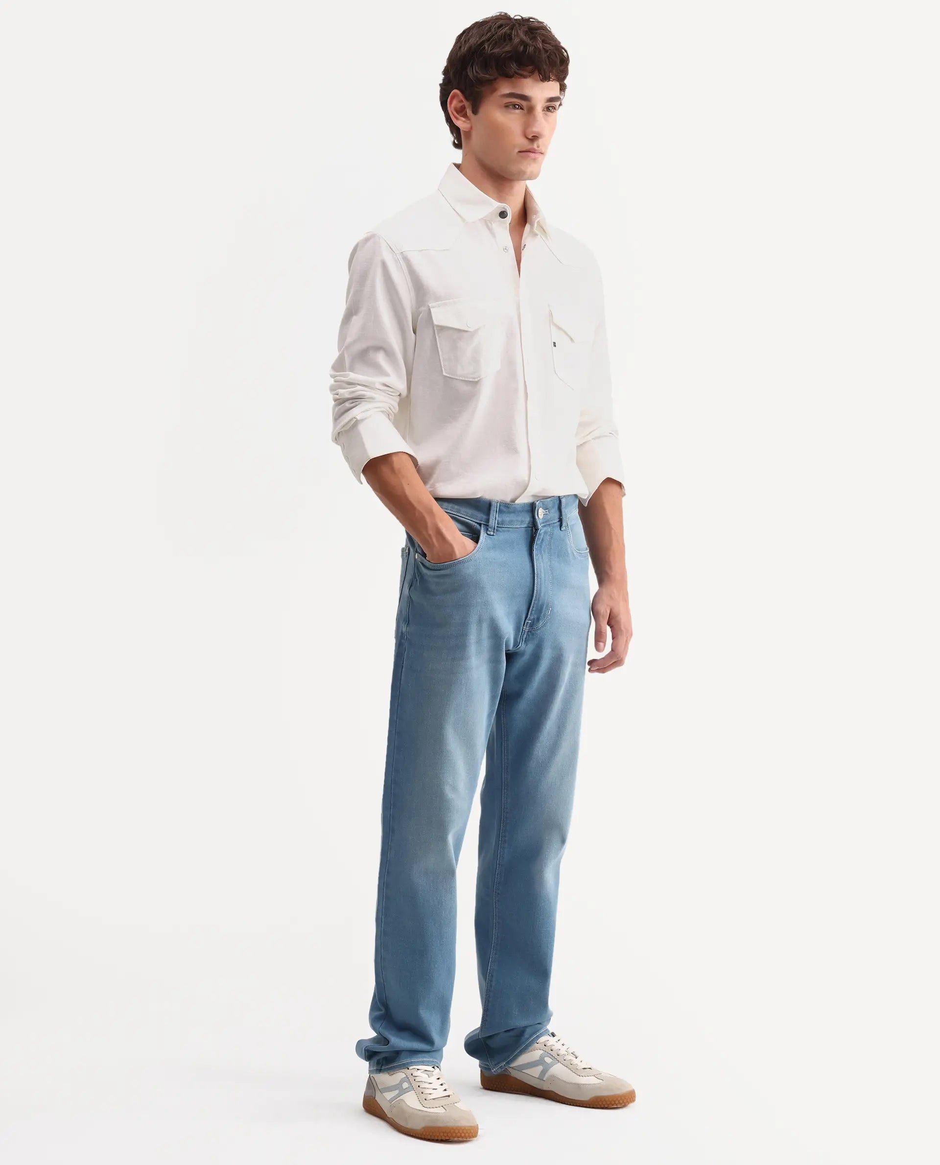 Rare Rabbit Men's Nazek Light Blue Cotton Blend Fabric Shank And Zipper Morris Regular Fit Plain Jeans