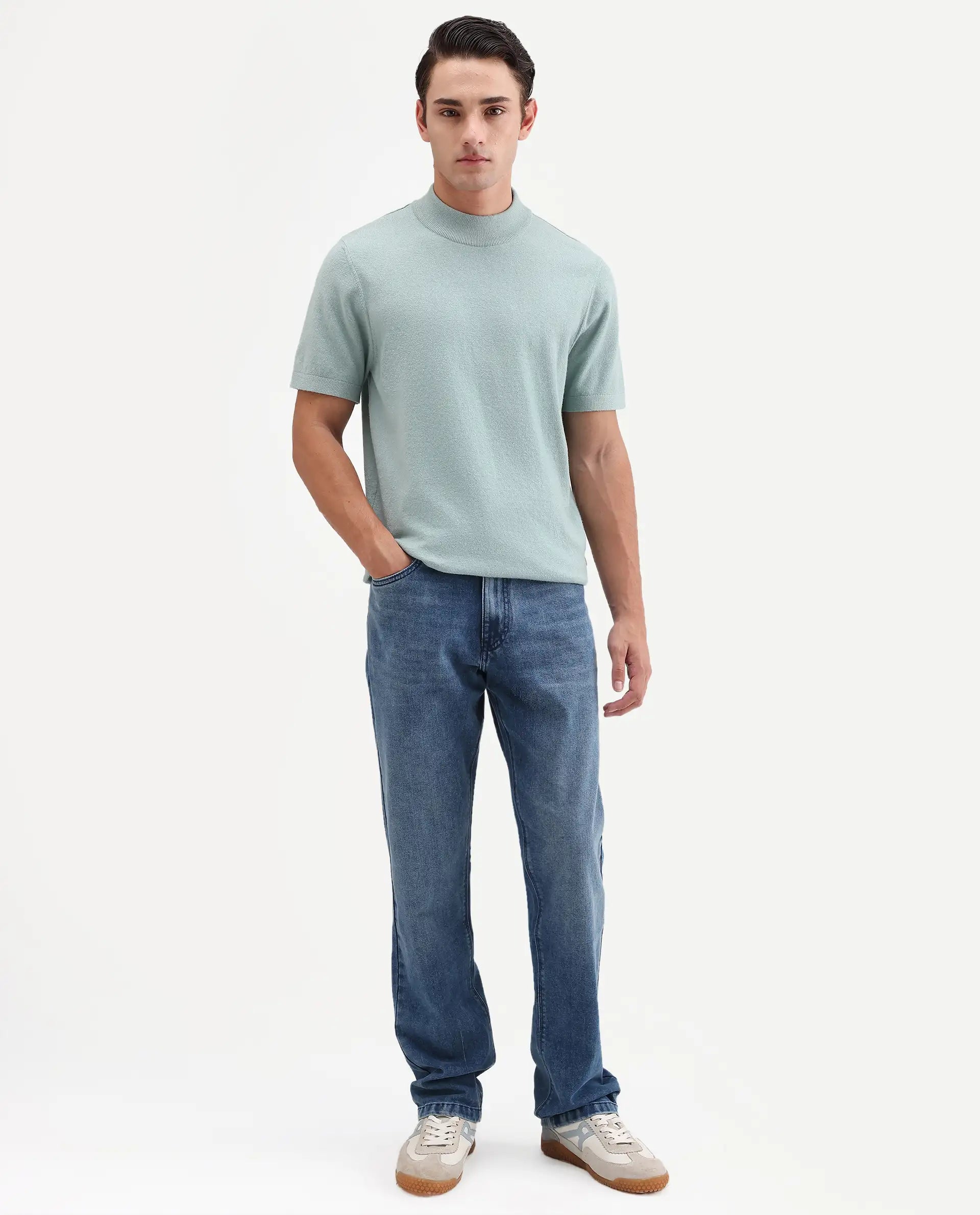 Rare Rabbit Men's Kien Blue Cotton Blend Fabric Shank And Zipper Morris Regular Plain Jeans