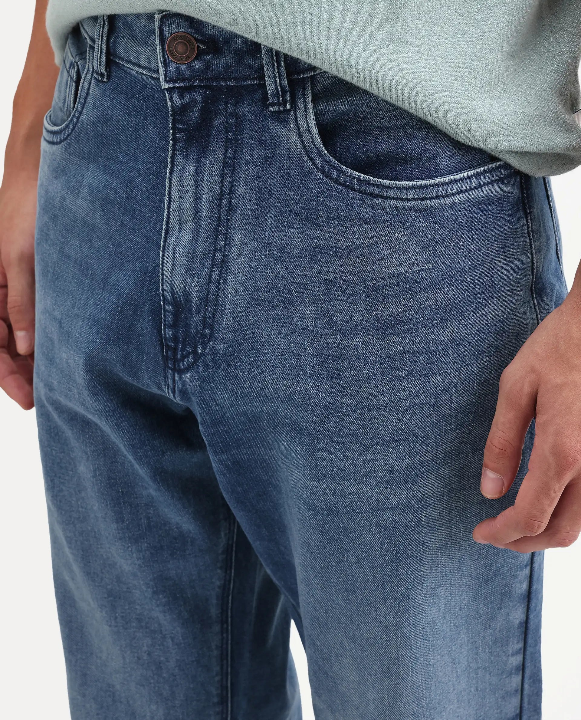 Rare Rabbit Men's Kien Blue Cotton Blend Fabric Shank And Zipper Morris Regular Plain Jeans