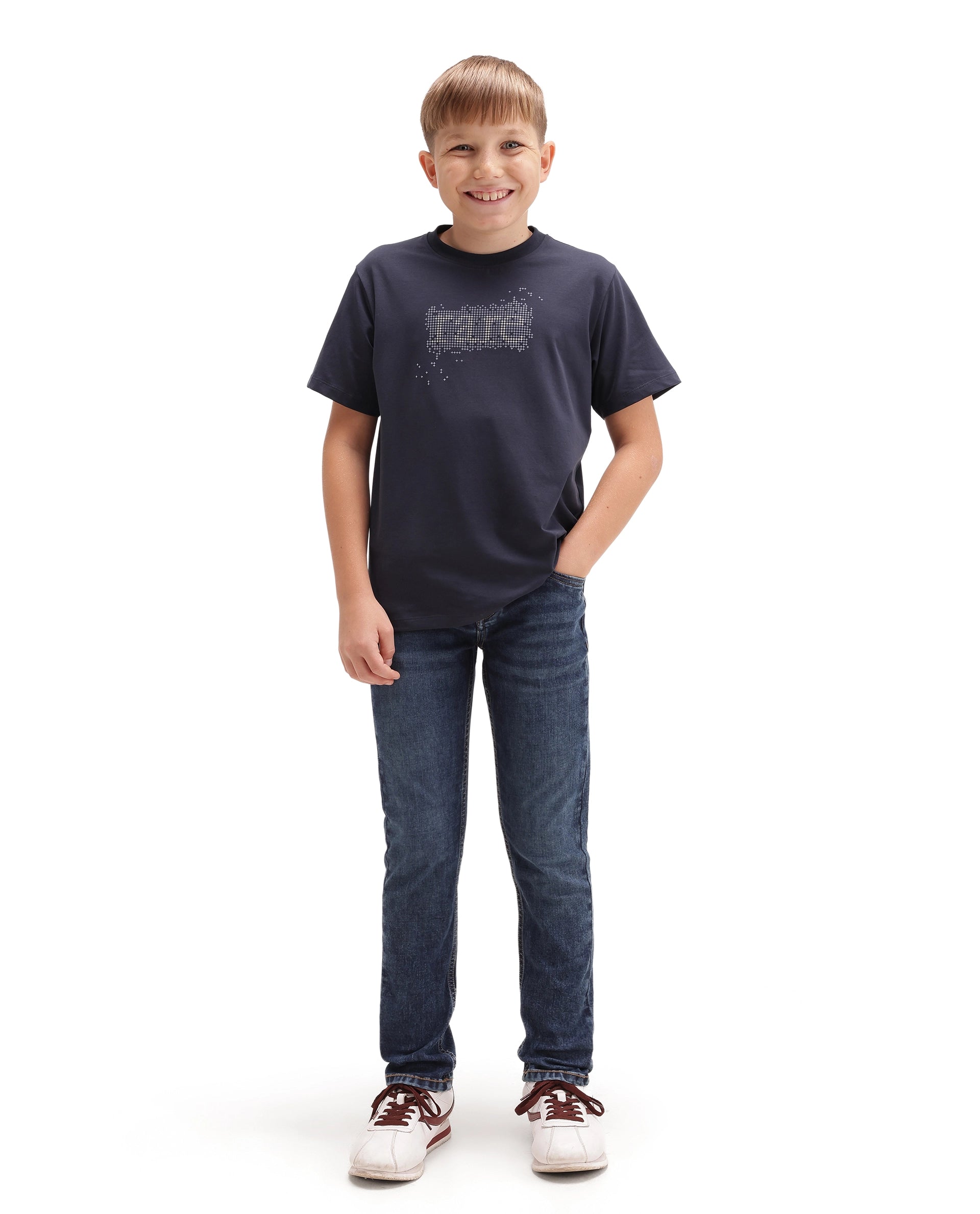 Rare Ones Kids Betz-1 Dark Blue Cotton Blend Fabric Button And Zip Closure Slim Fit Plain Jeans