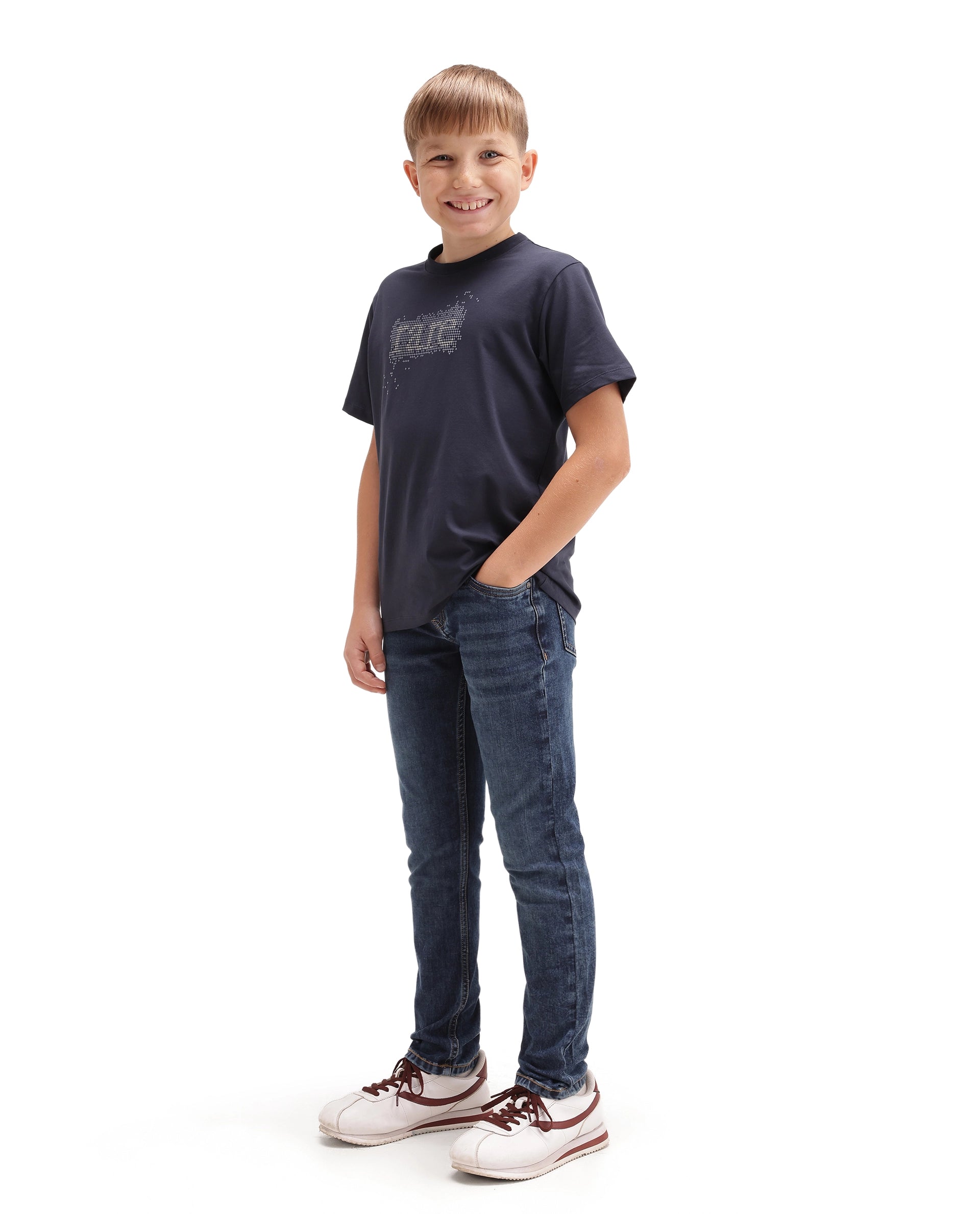Rare Ones Kids Betz-1 Dark Blue Cotton Blend Fabric Button And Zip Closure Slim Fit Plain Jeans