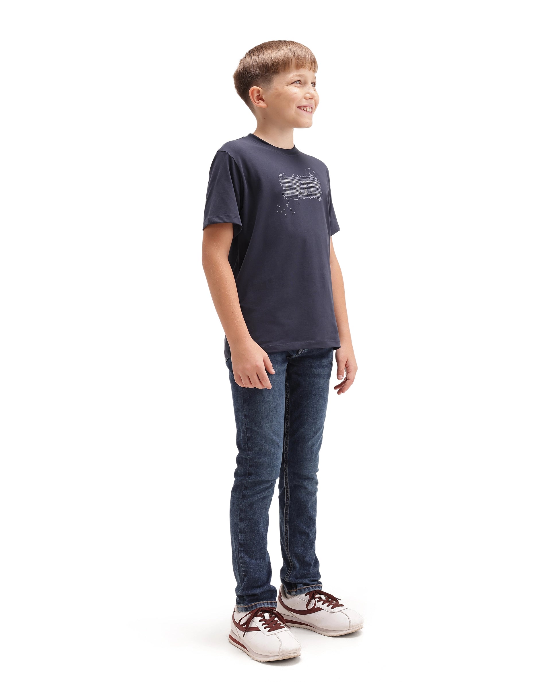 Rare Ones Kids Betz-1 Dark Blue Cotton Blend Fabric Button And Zip Closure Slim Fit Plain Jeans