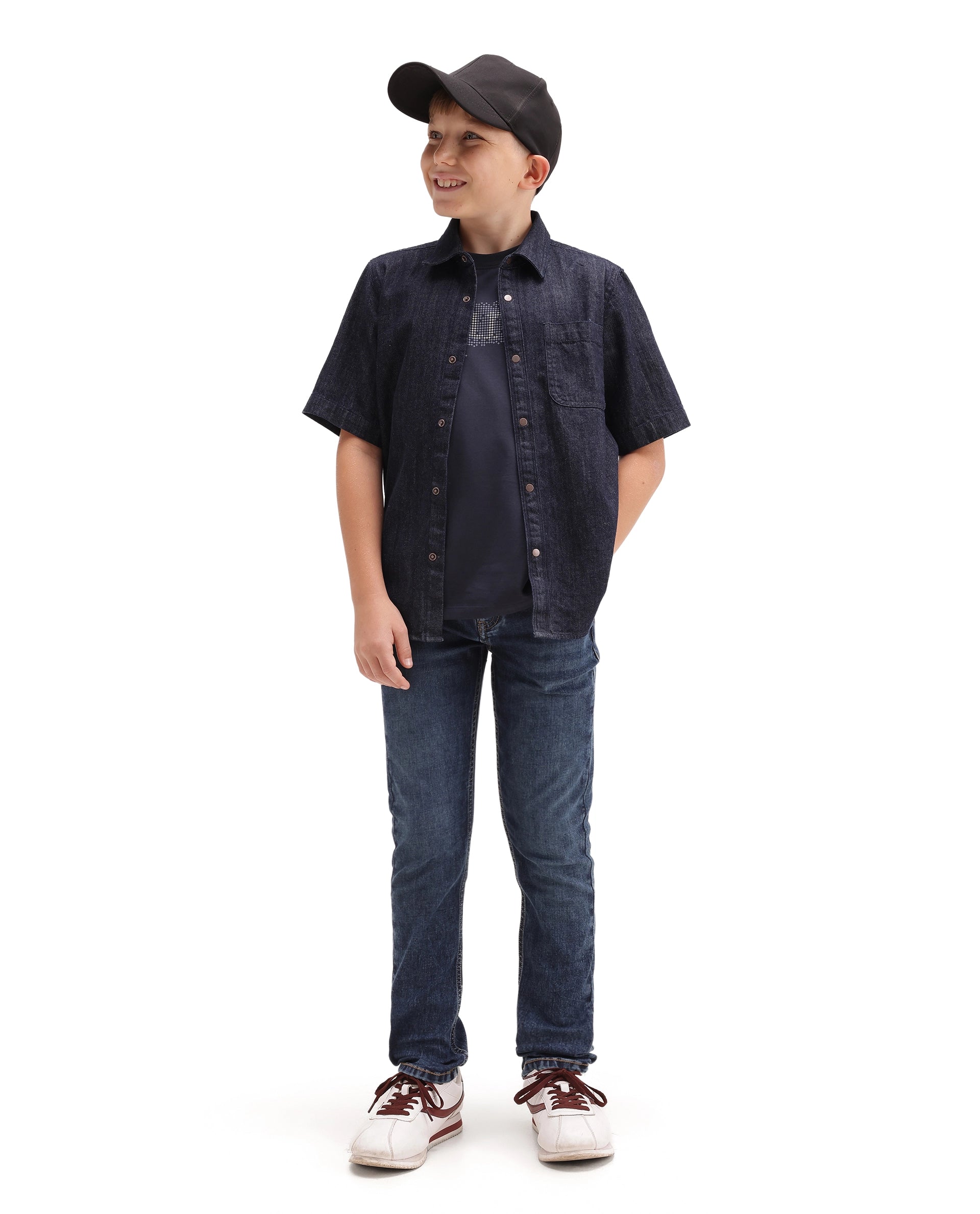 Rare Ones Kids Betz-1 Dark Blue Cotton Blend Fabric Button And Zip Closure Slim Fit Plain Jeans