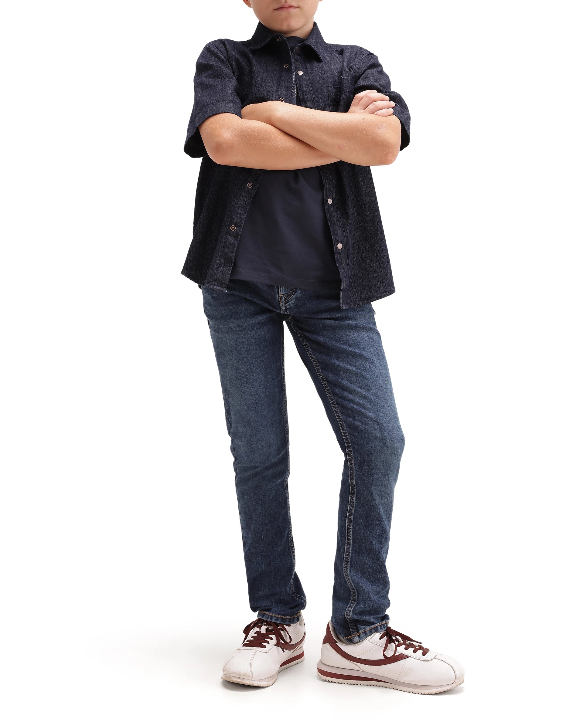 Rare Ones Kids Betz-1 Dark Blue Cotton Blend Fabric Button And Zip Closure Slim Fit Plain Jeans
