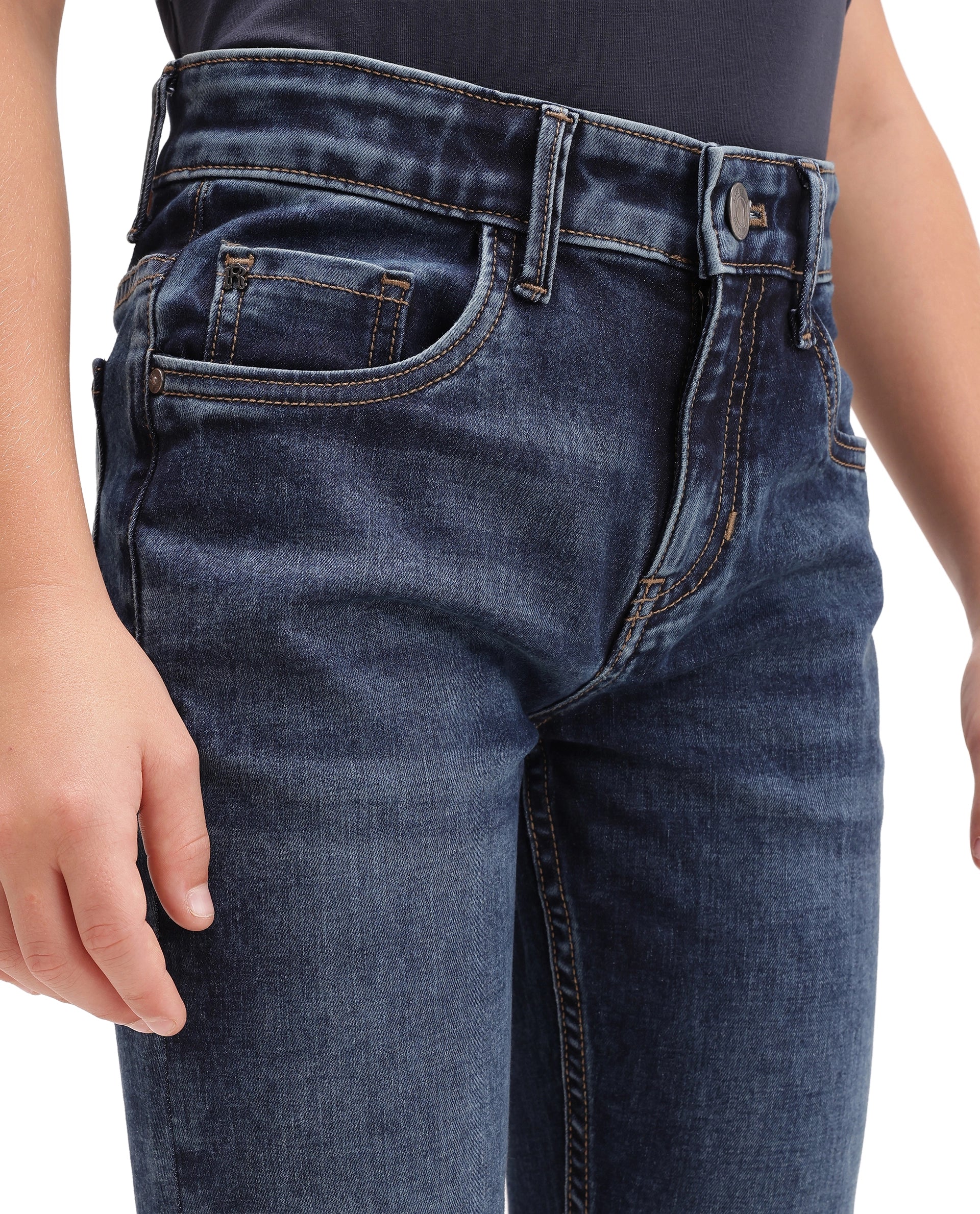 Rare Ones Kids Betz-1 Dark Blue Cotton Blend Fabric Button And Zip Closure Slim Fit Plain Jeans