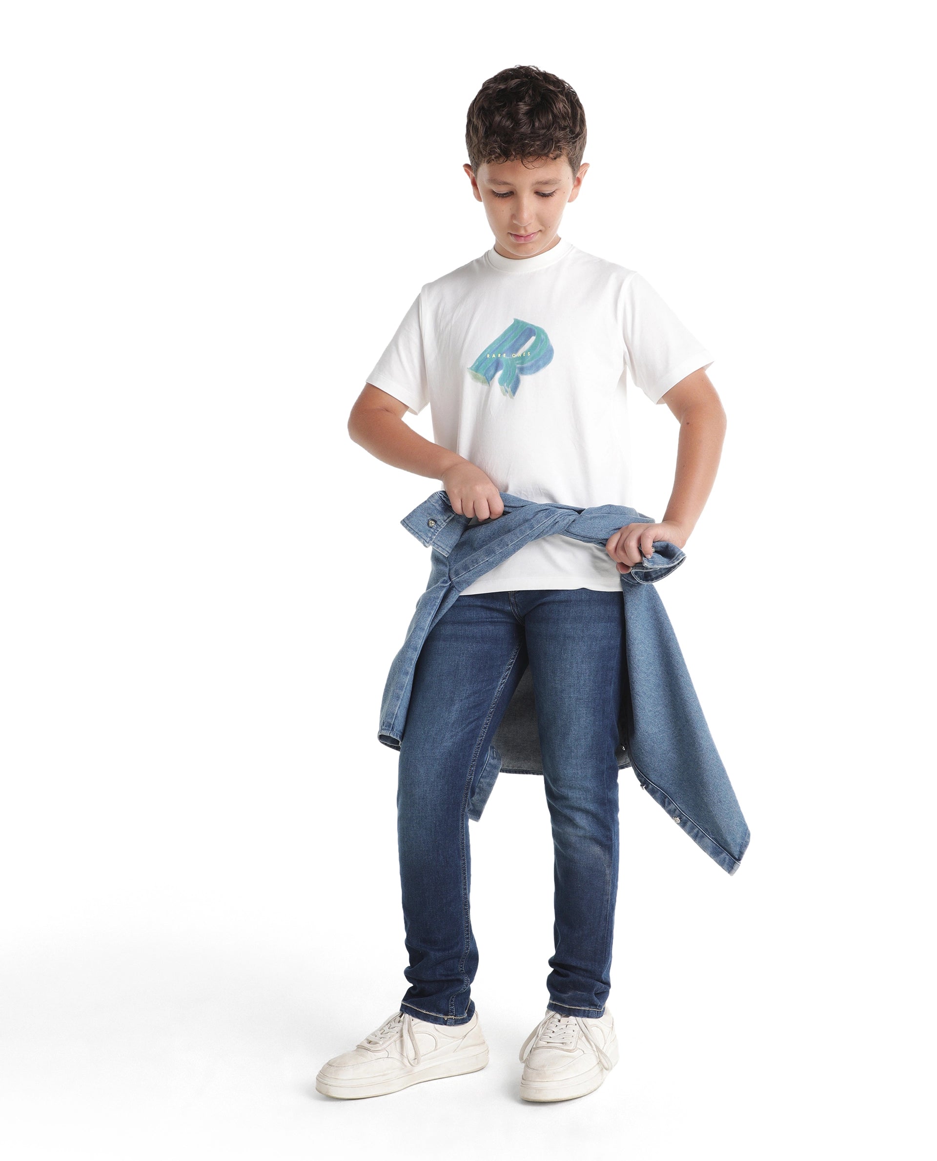 Rare Ones Kids Betz-2 Light Blue Cotton Blend Fabric Button And Zip Closure Slim Fit Plain Jeans