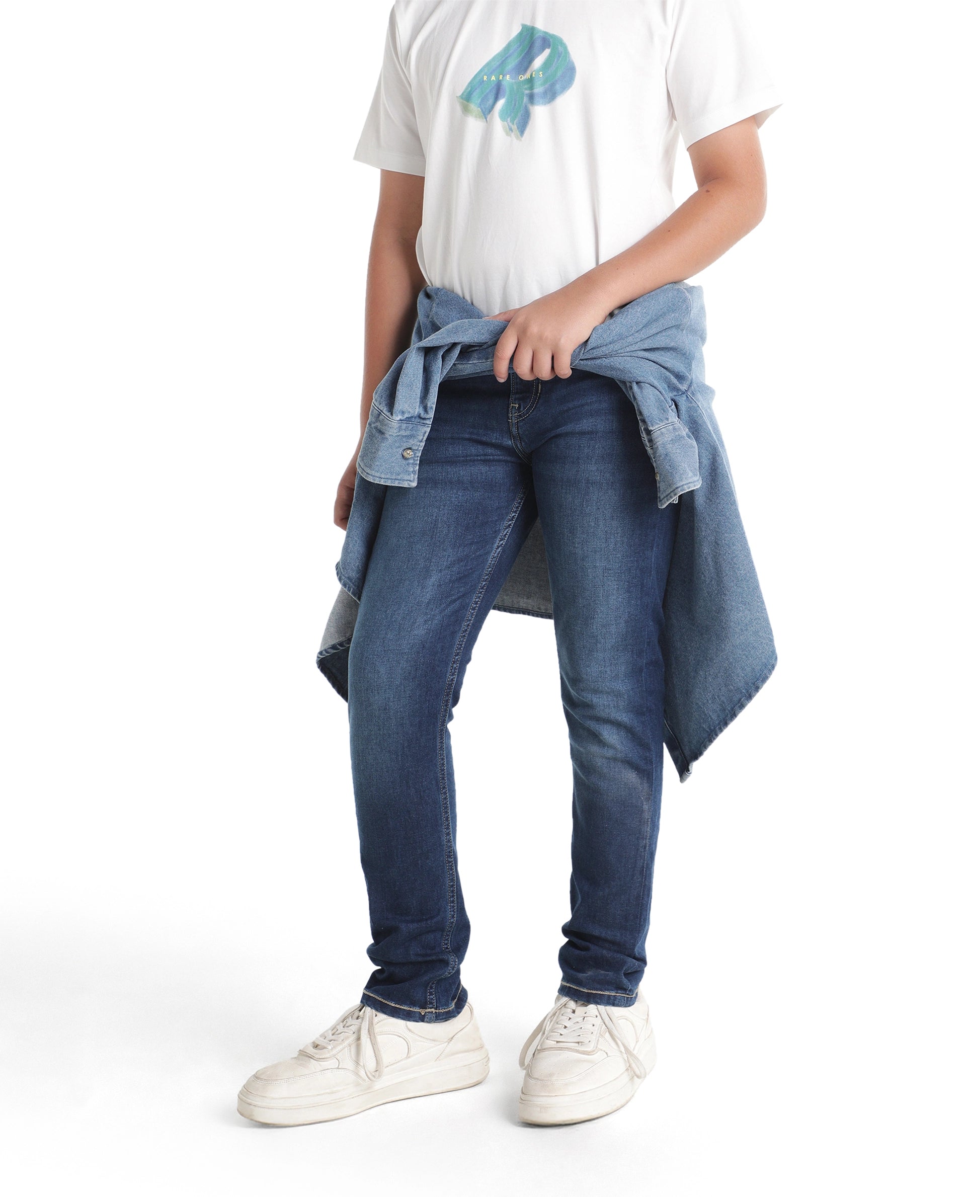 Rare Ones Kids Betz-2 Light Blue Cotton Blend Fabric Button And Zip Closure Slim Fit Plain Jeans