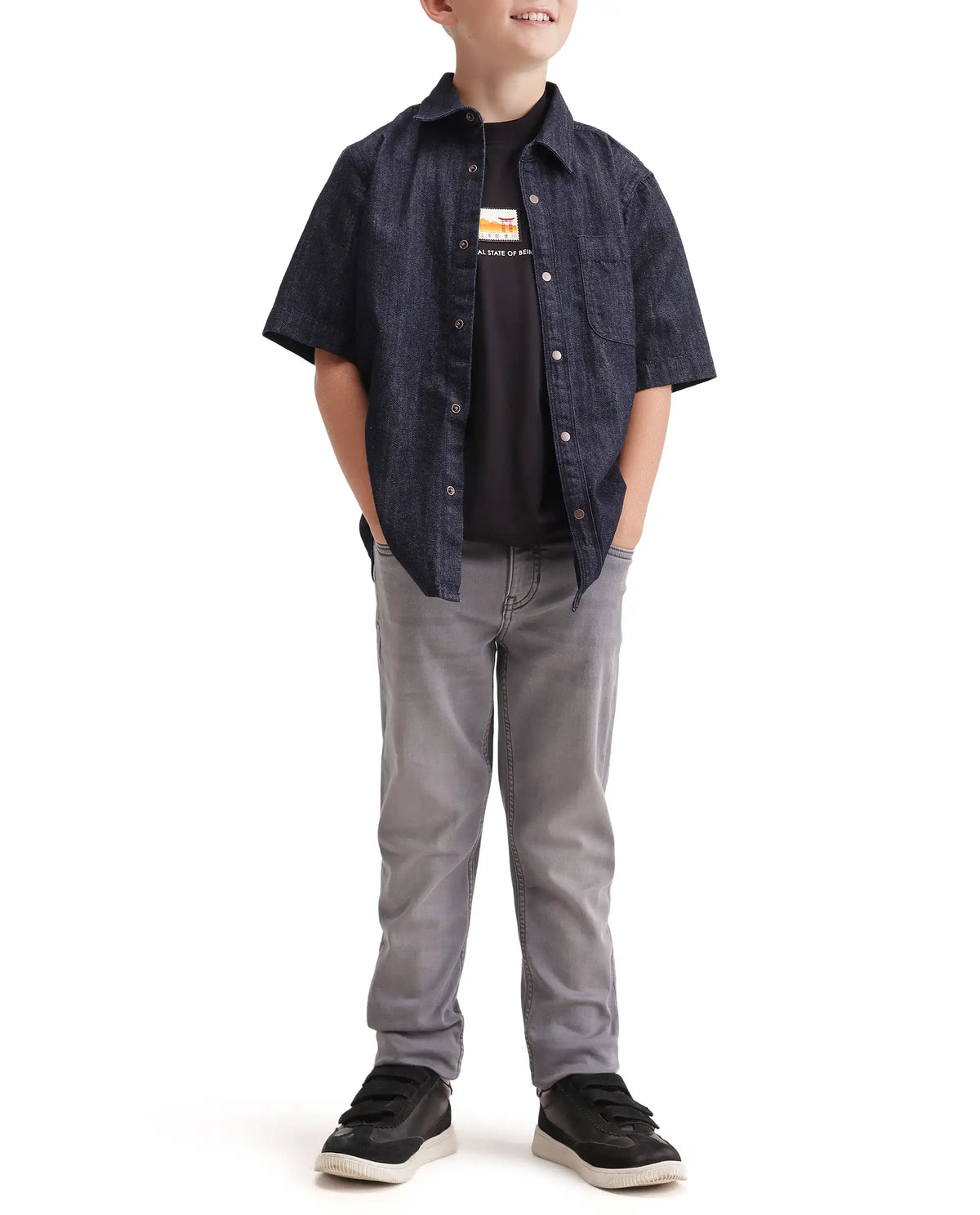 Rare Ones Kids Kemp Grey Cotton Blend Fabric Button And Zip Closure Slim Fit Plain Jeans