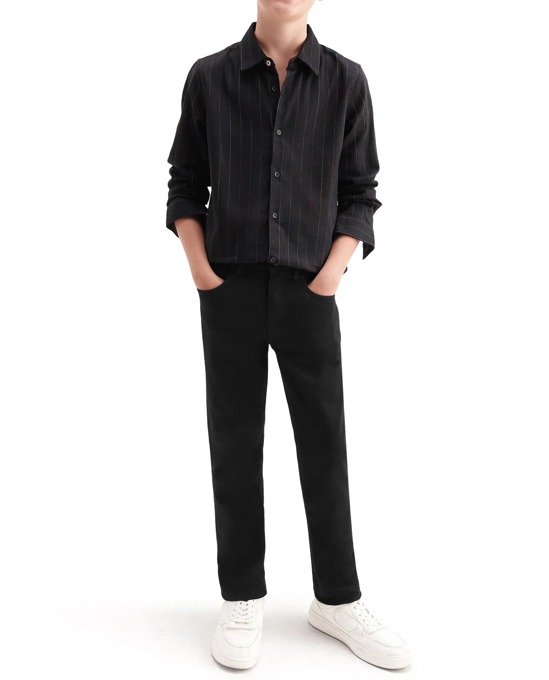 Rare Ones Kids Kreto Black Cotton Blend Fabric Button And Zipper Closure Slim Fit Jeans
