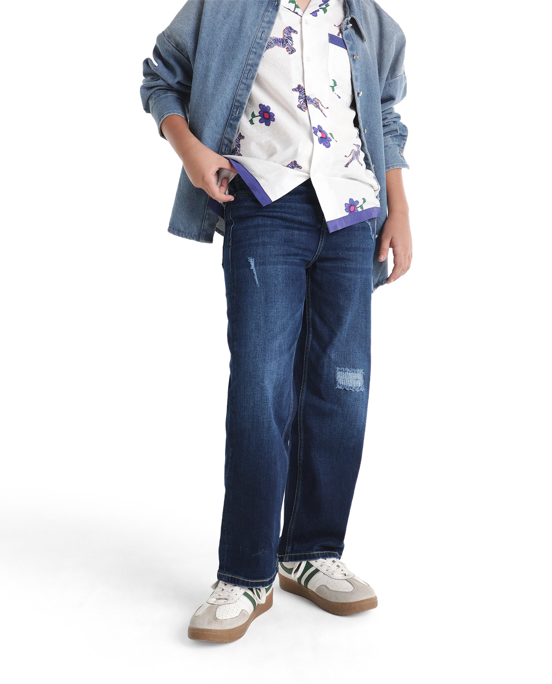 Rare Ones Kids Glox Dark Blue Cotton Blend Fabric Button And Zip Closure Relaxed Fit Plain Jeans