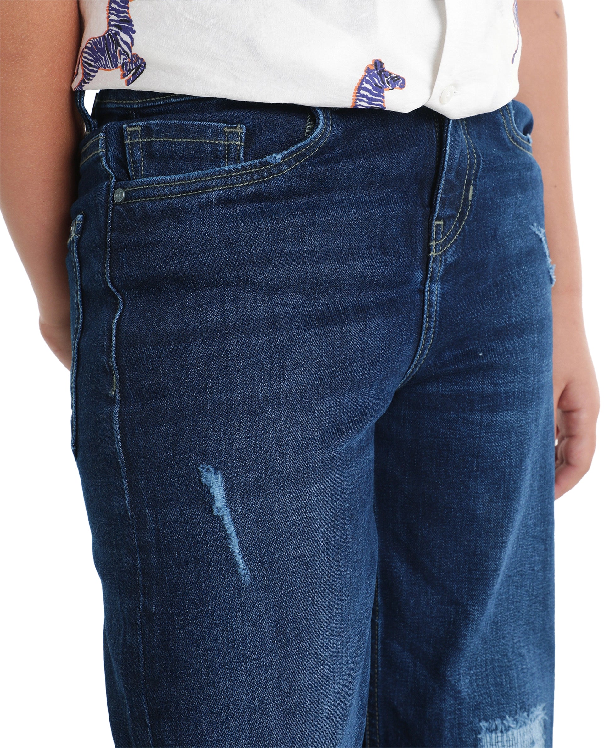 Rare Ones Kids Glox Dark Blue Cotton Blend Fabric Button And Zip Closure Relaxed Fit Plain Jeans