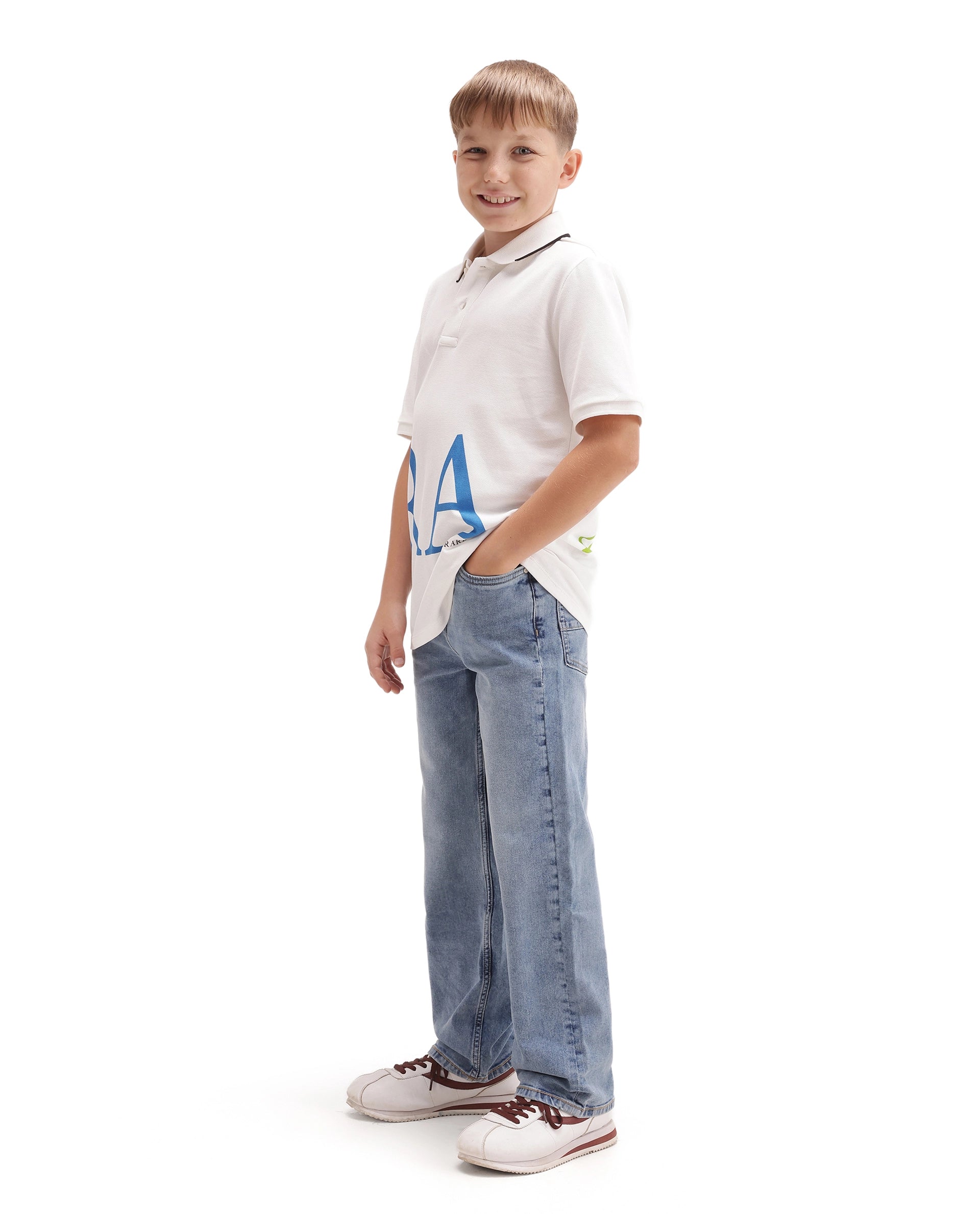 Rare Ones Kids Yogo Light Blue Cotton Blend Fabric Button And Zip Closure Relaxed Fit Plain Jeans