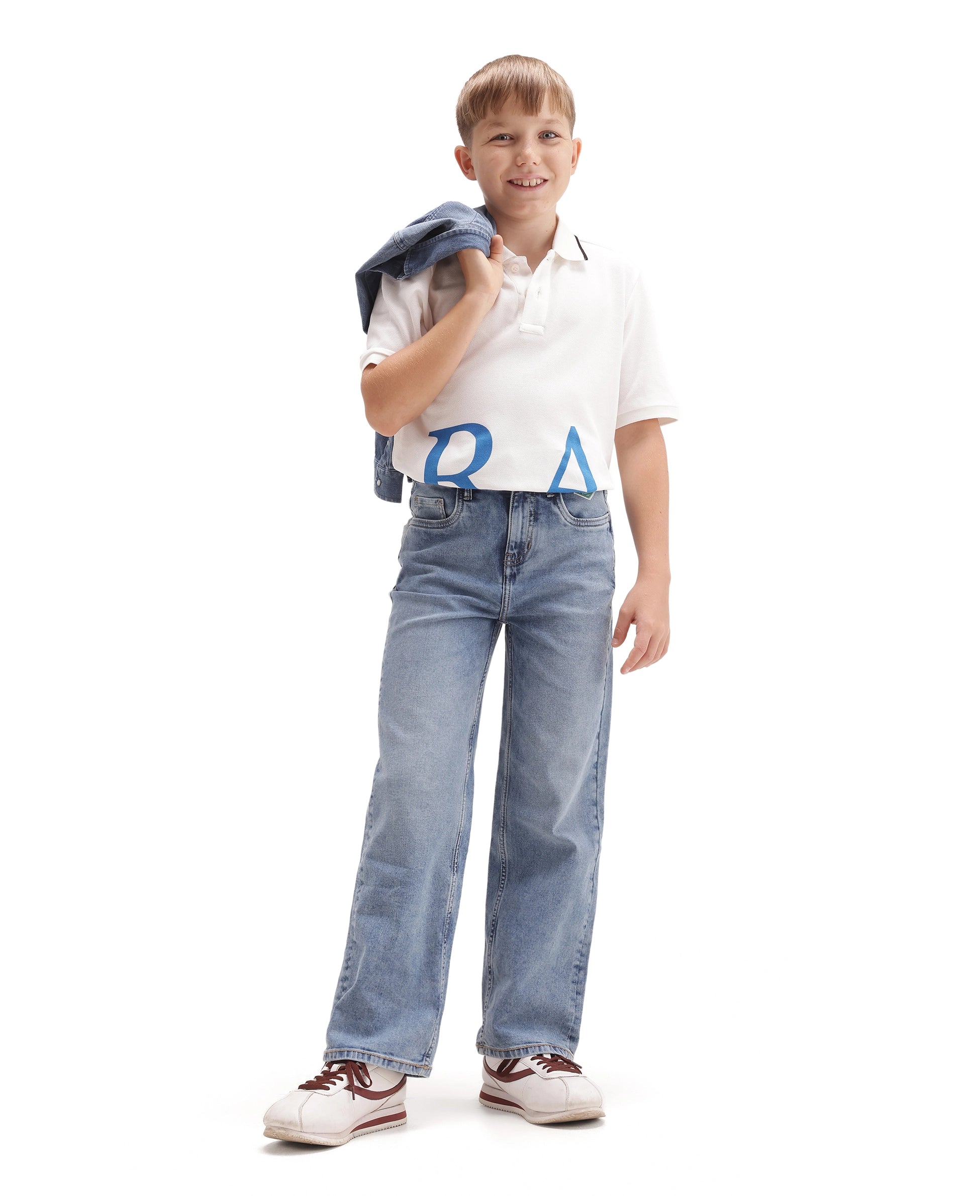 Rare Ones Kids Yogo Light Blue Cotton Blend Fabric Button And Zip Closure Relaxed Fit Plain Jeans