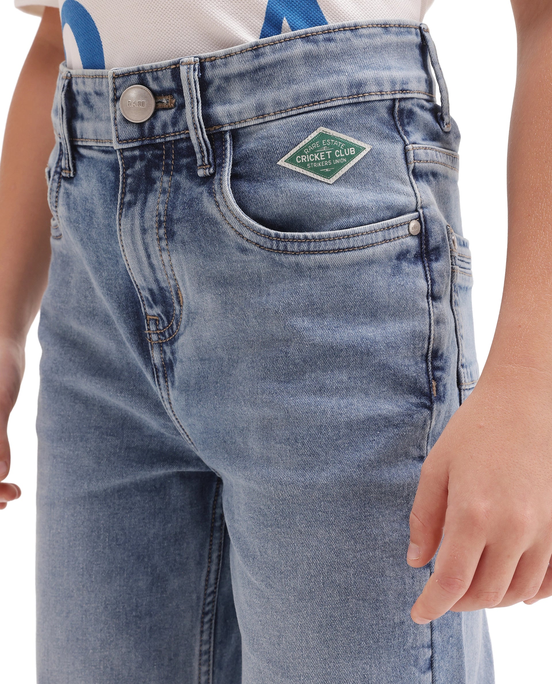 Rare Ones Kids Yogo Light Blue Cotton Blend Fabric Button And Zip Closure Relaxed Fit Plain Jeans