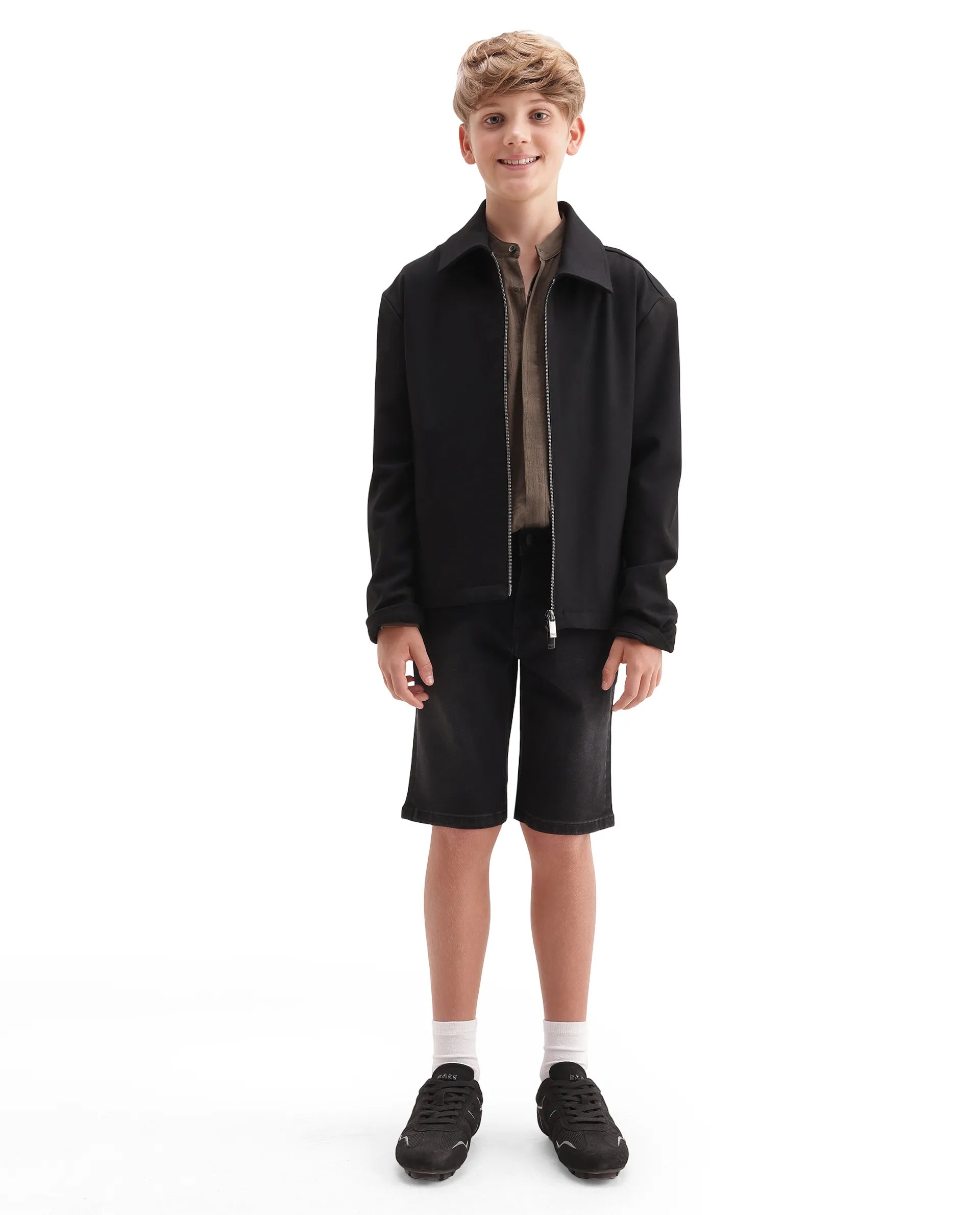 Rare Ones Kids Sifo Black Cotton Blend Fabric Button And Zipper Closure Regular Plain Shorts