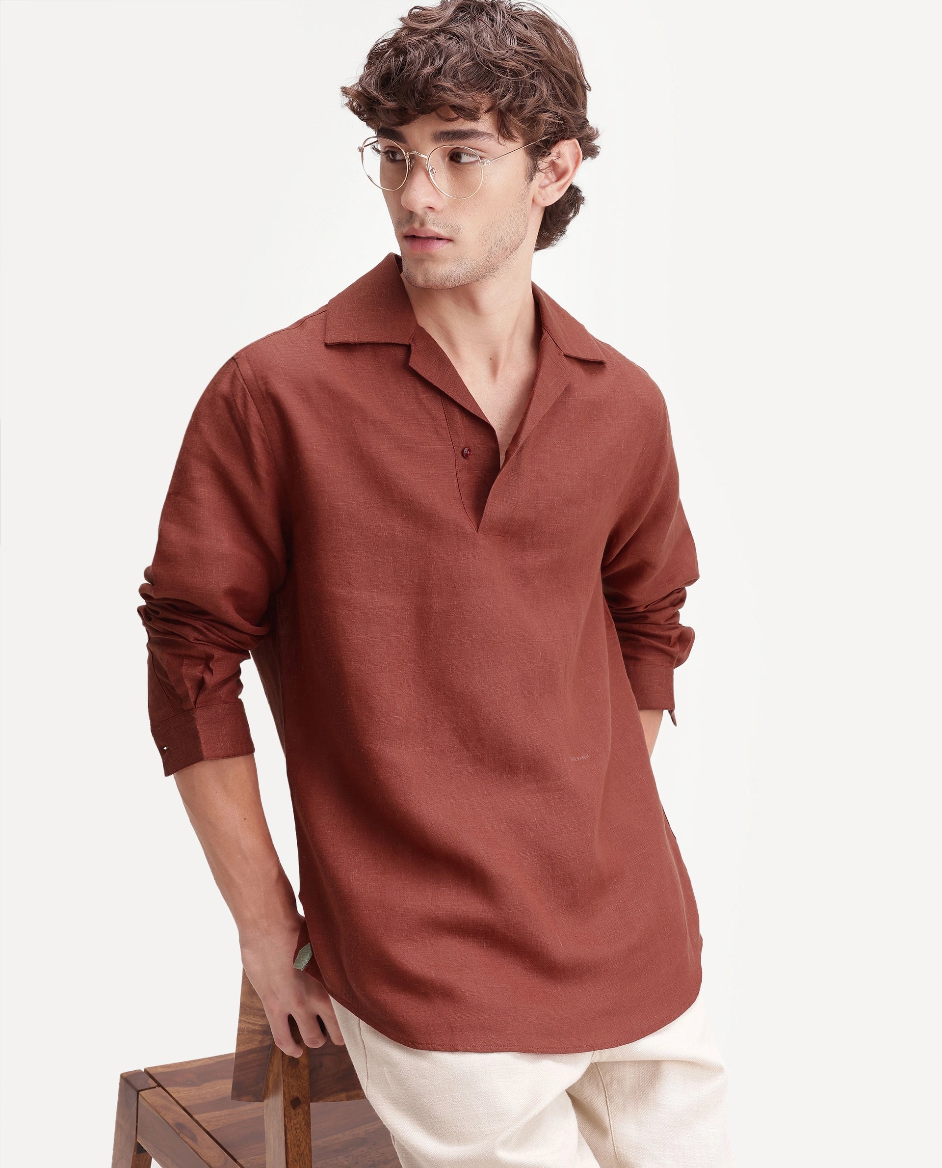 Rare Rabbit Men's Aerik Red Linen Blend Fabric Full Sleeve Cuban Collar Button Regular Plain Shirt