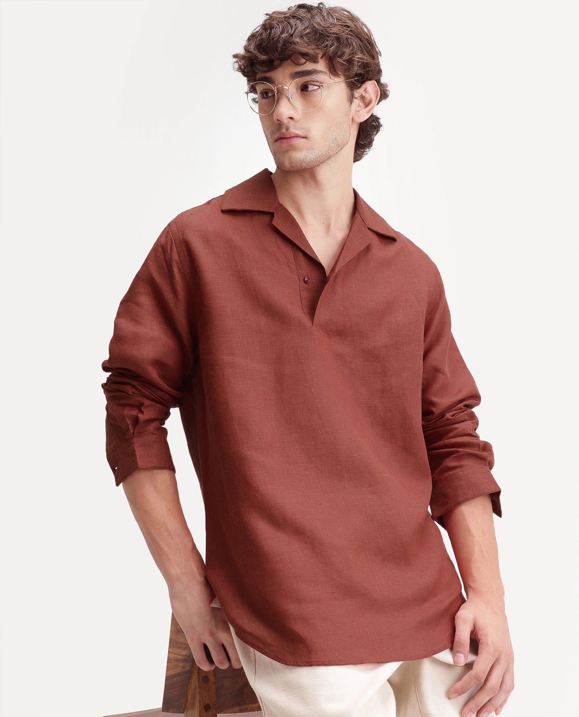 Rare Rabbit Men's Aerik Red Linen Blend Fabric Full Sleeve Cuban Collar Button Regular Plain Shirt