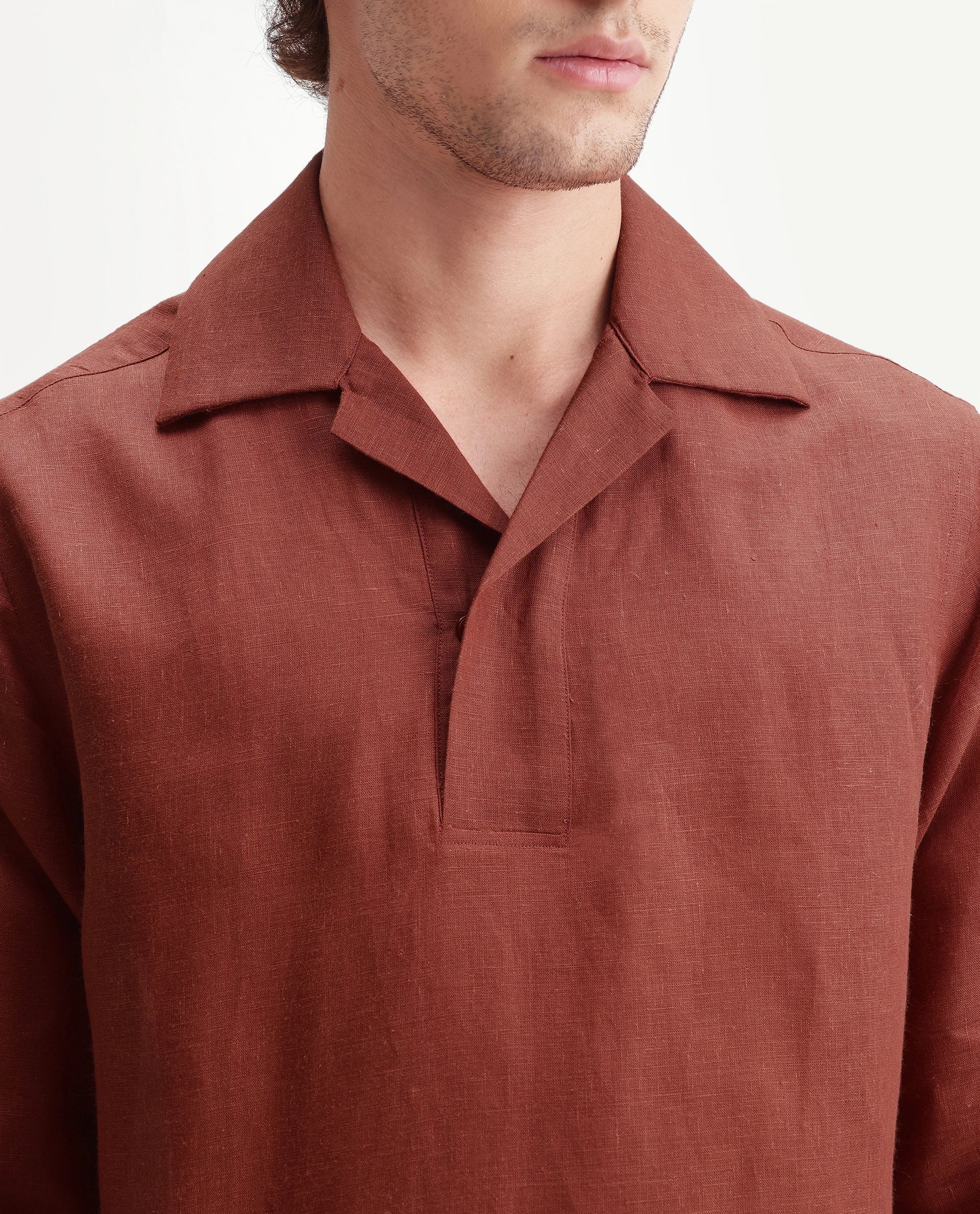 Rare Rabbit Men's Aerik Red Linen Blend Fabric Full Sleeve Cuban Collar Button Regular Plain Shirt