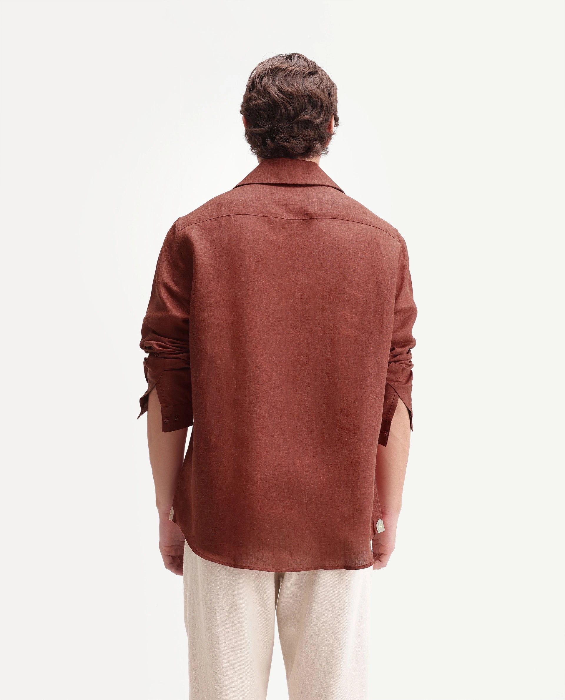 Rare Rabbit Men's Aerik Red Linen Blend Fabric Full Sleeve Cuban Collar Button Regular Plain Shirt