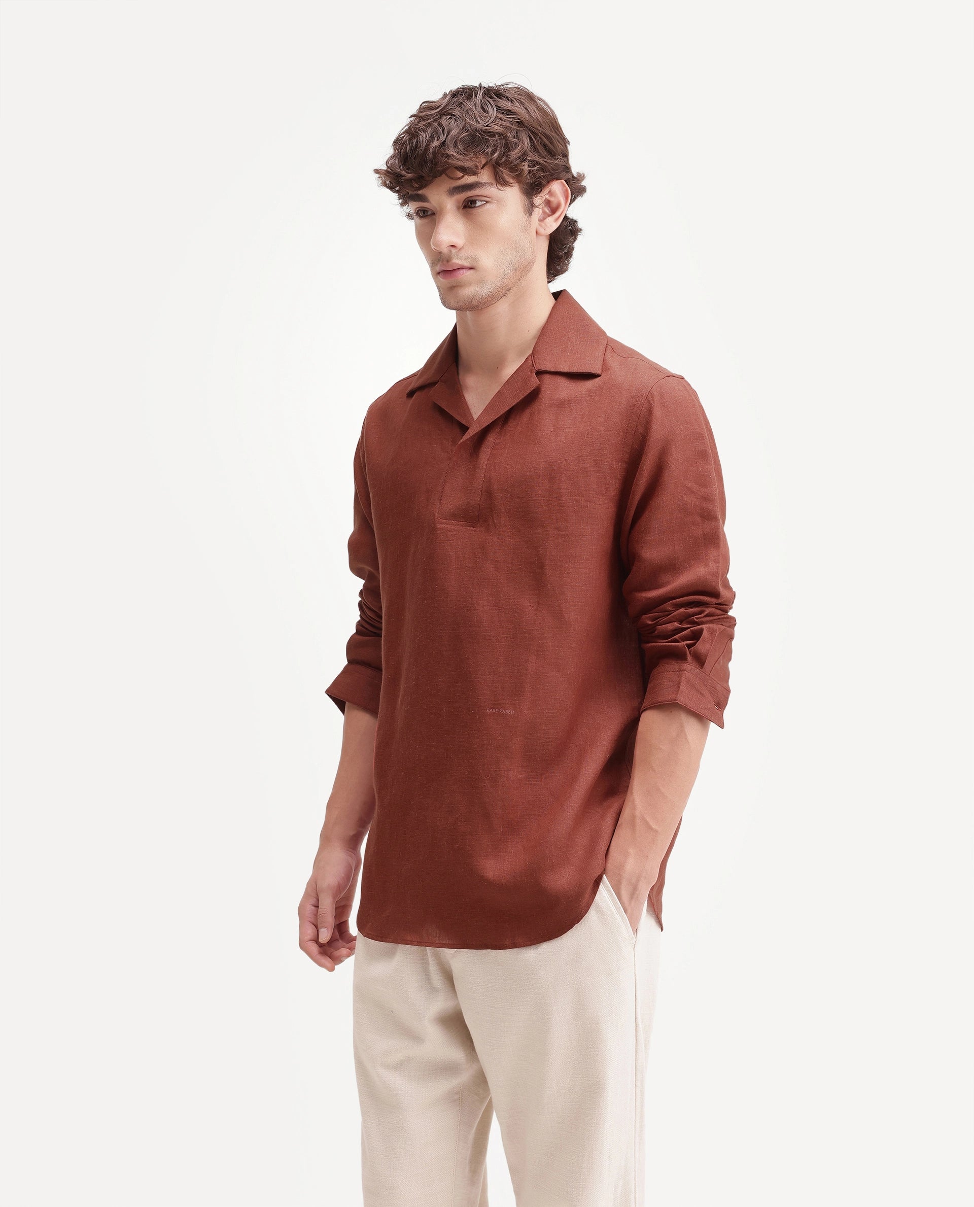 Rare Rabbit Men's Aerik Red Linen Blend Fabric Full Sleeve Cuban Collar Button Regular Plain Shirt