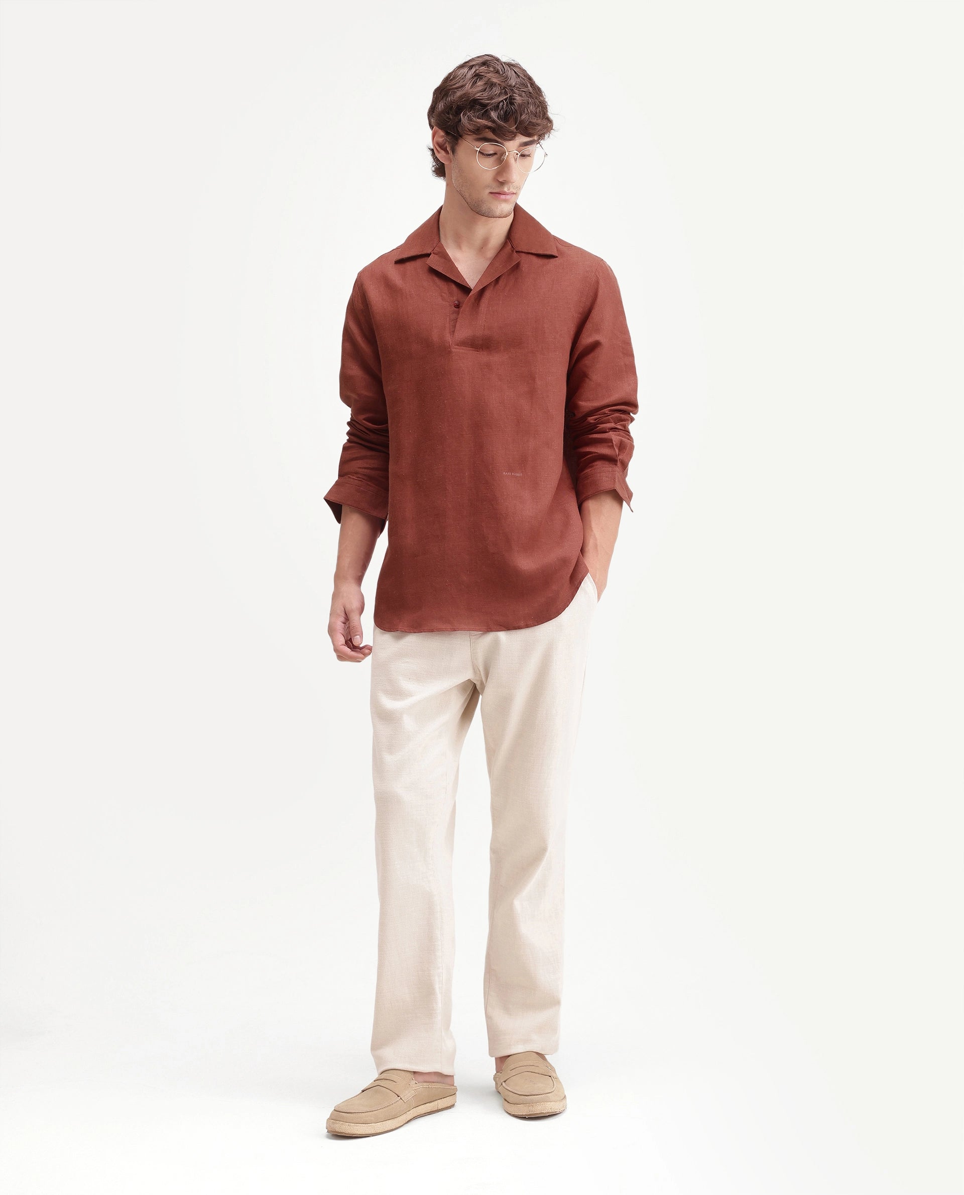 Rare Rabbit Men's Aerik Red Linen Blend Fabric Full Sleeve Cuban Collar Button Regular Plain Shirt