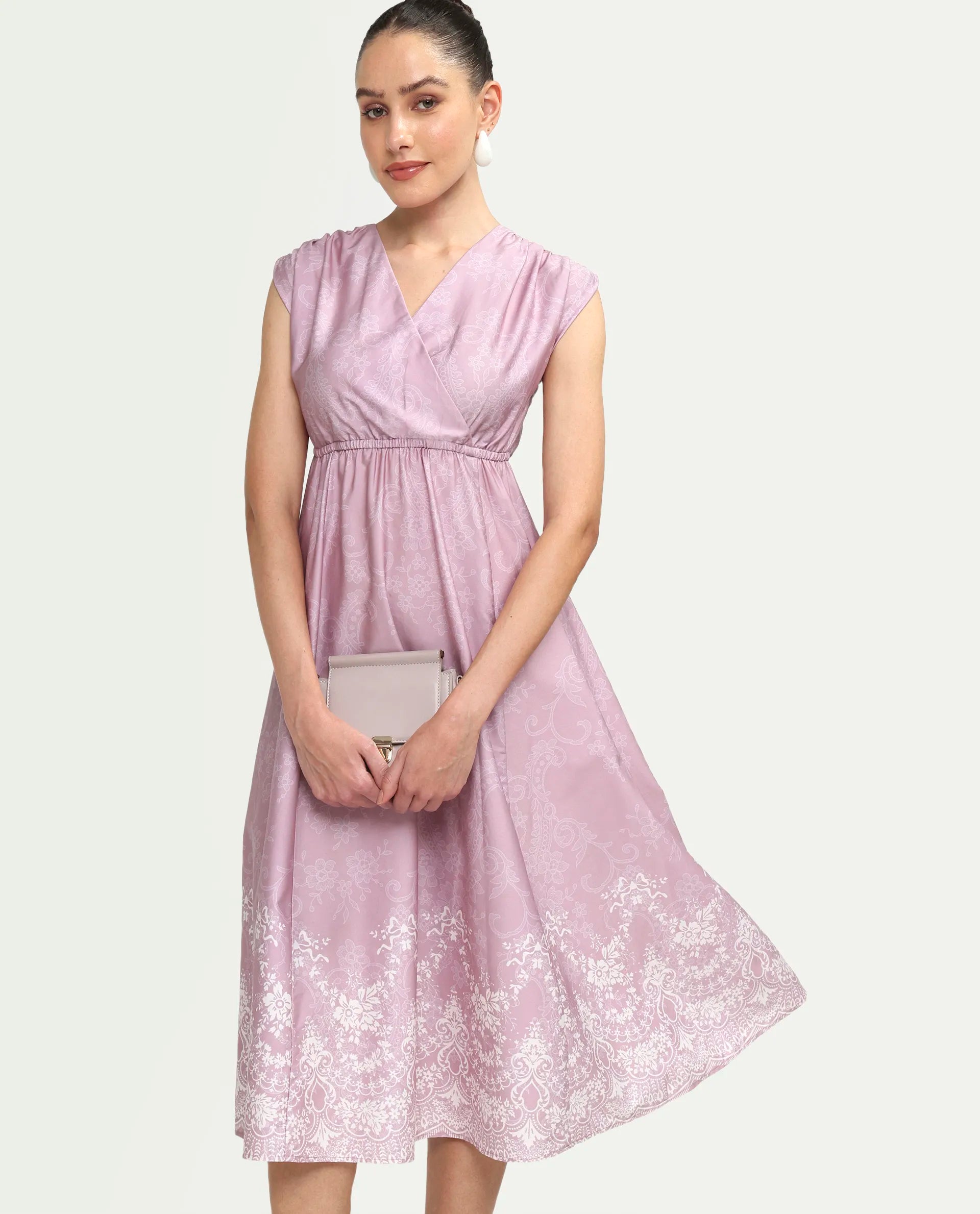 Rareism Women's Hync Pink Cotton Satin Half Sleeve V-Neck Elastic Fit And Flare Ornamental Print Dress