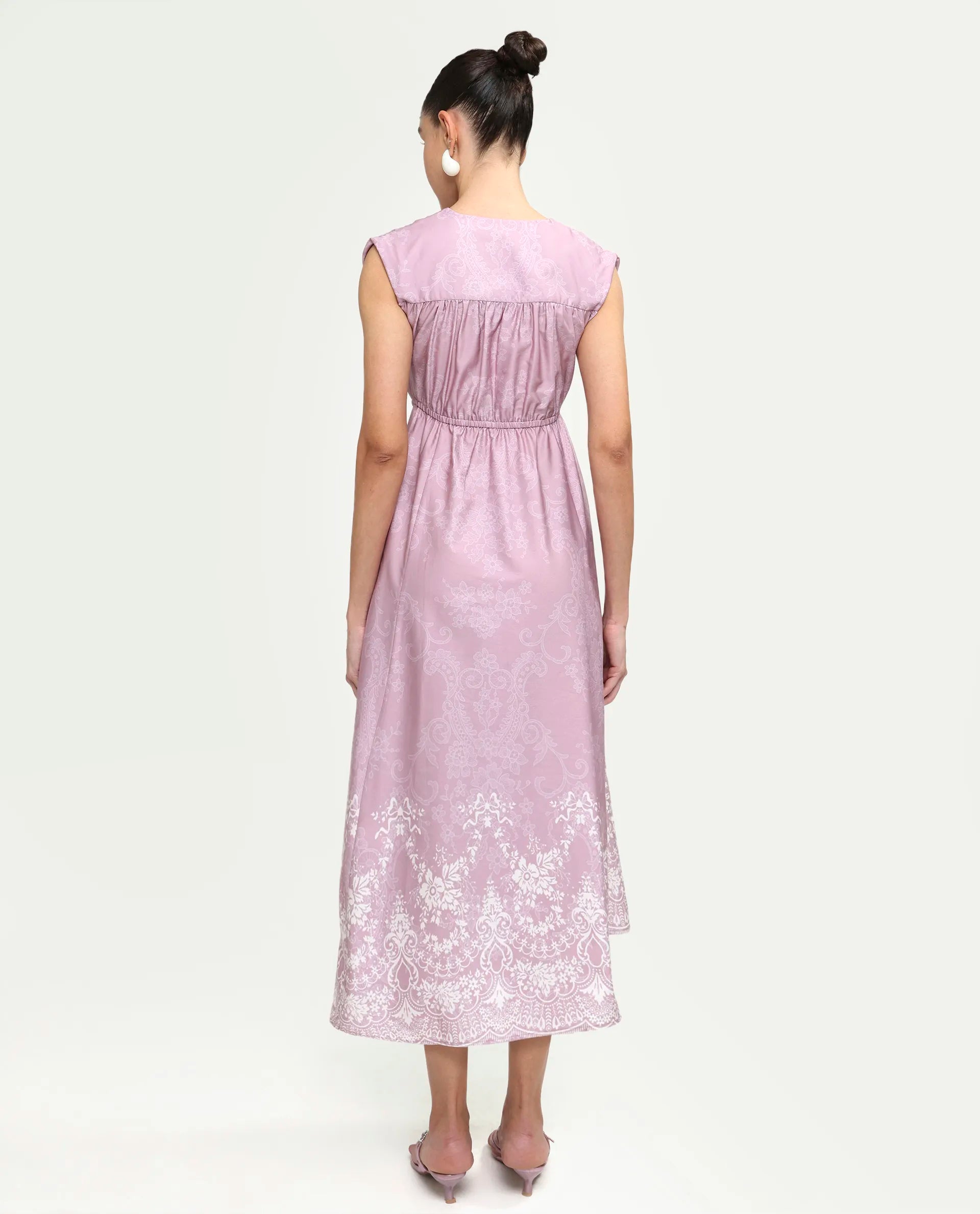 Rareism Women's Hync Pink Cotton Satin Half Sleeve V-Neck Elastic Fit And Flare Ornamental Print Dress