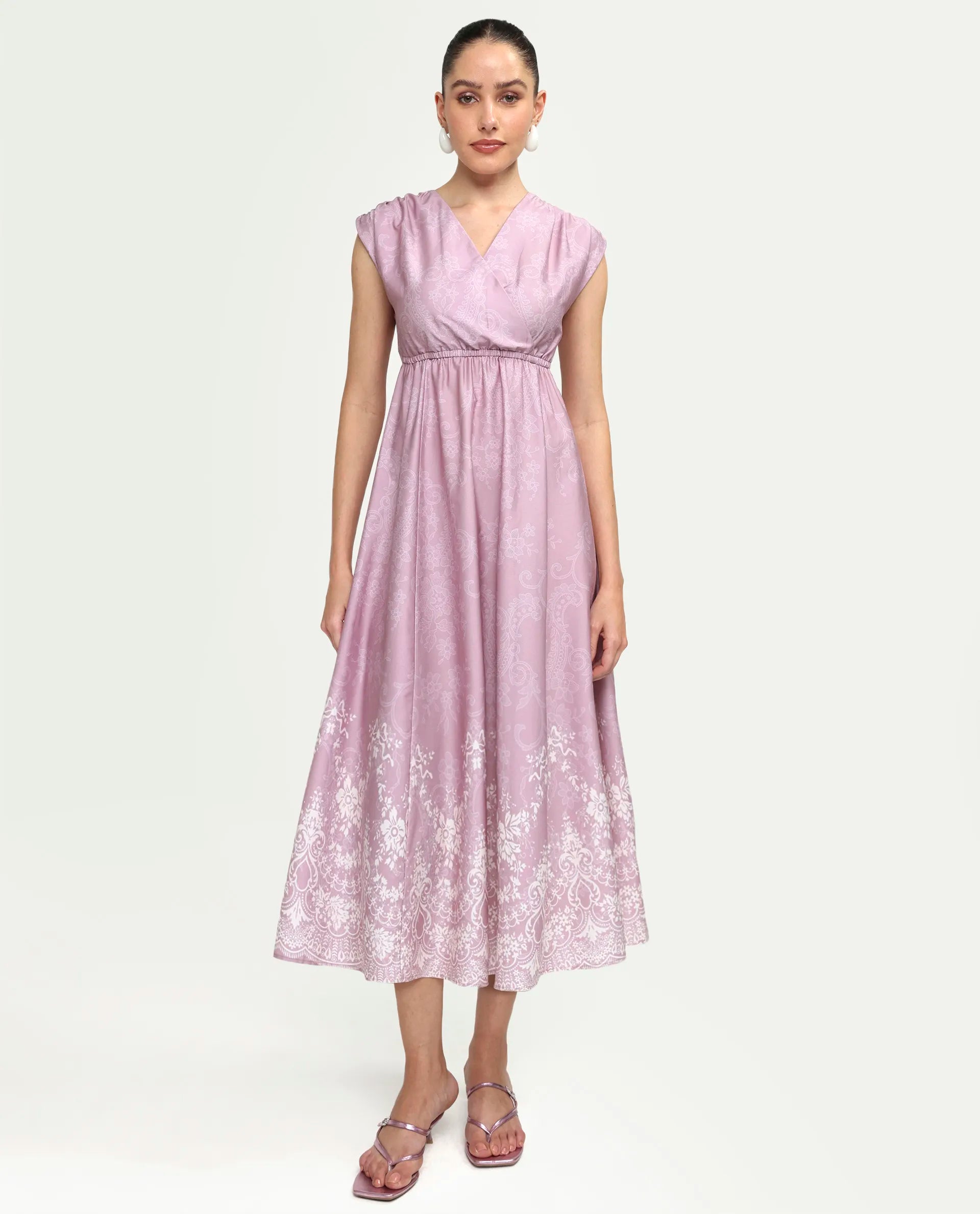 Rareism Women's Hync Pink Cotton Satin Half Sleeve V-Neck Elastic Fit And Flare Ornamental Print Dress