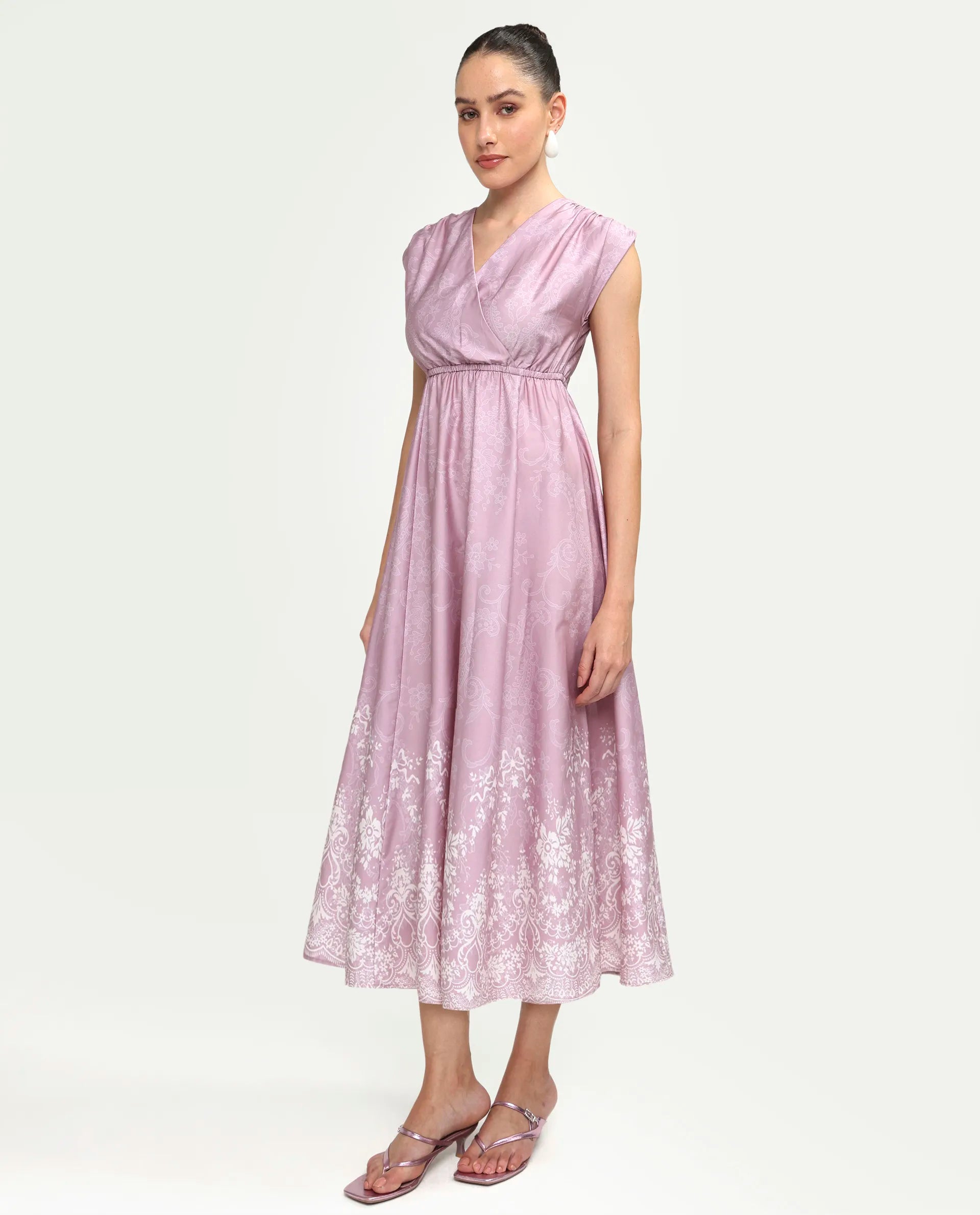 Rareism Women's Hync Pink Cotton Satin Half Sleeve V-Neck Elastic Fit And Flare Ornamental Print Dress
