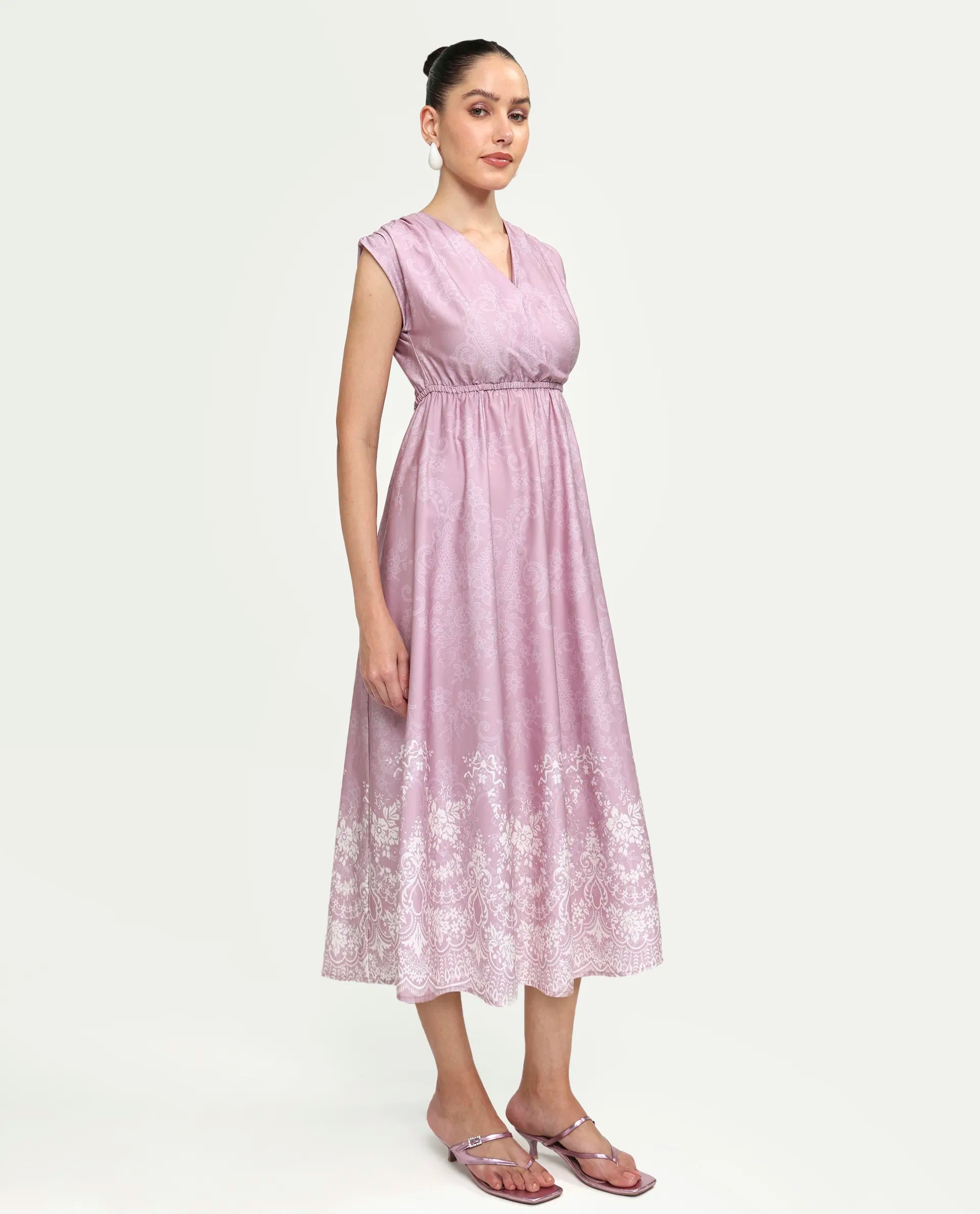 Rareism Women's Hync Pink Cotton Satin Half Sleeve V-Neck Elastic Fit And Flare Ornamental Print Dress