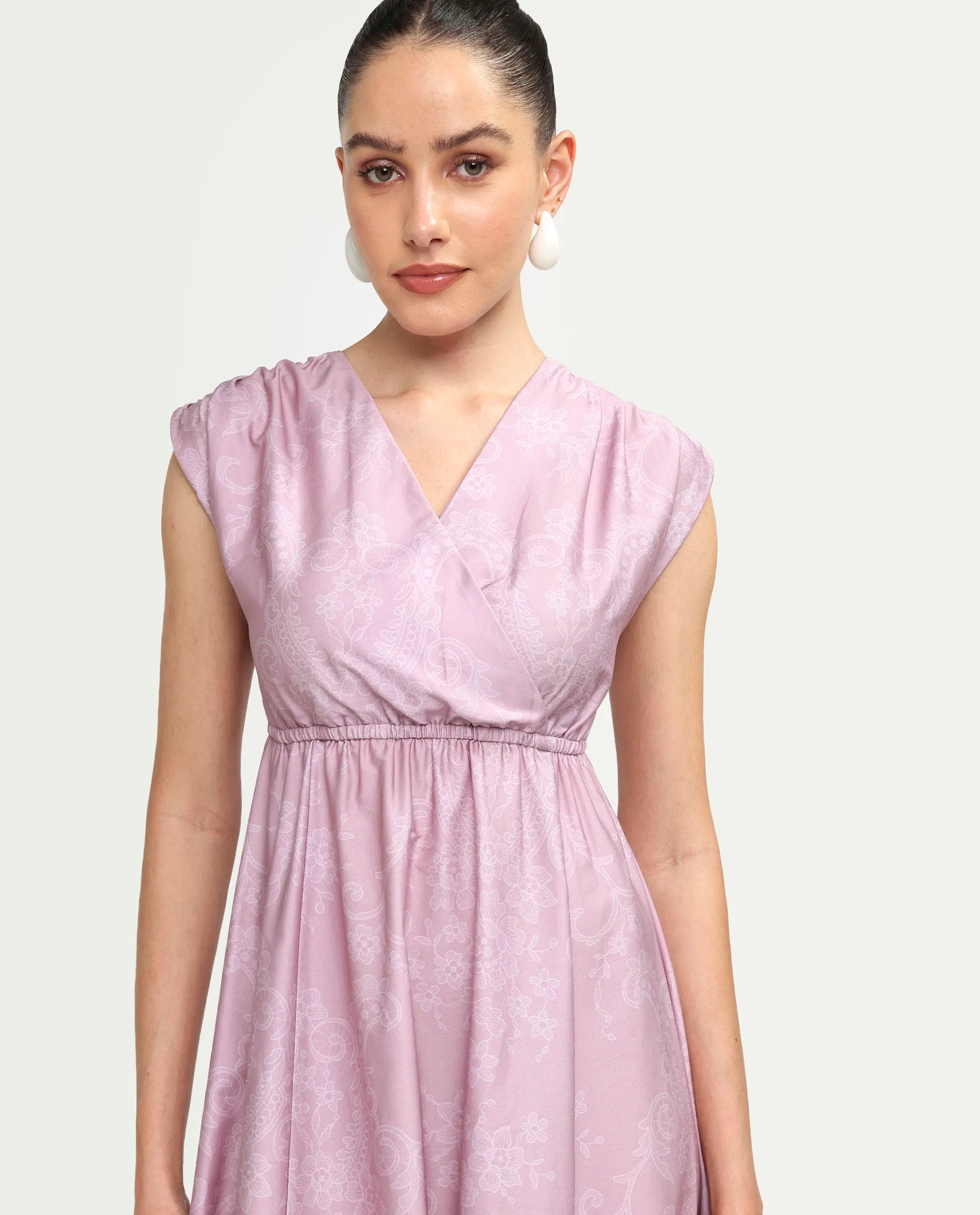 Rareism Women's Hync Pink Cotton Satin Half Sleeve V-Neck Elastic Fit And Flare Ornamental Print Dress