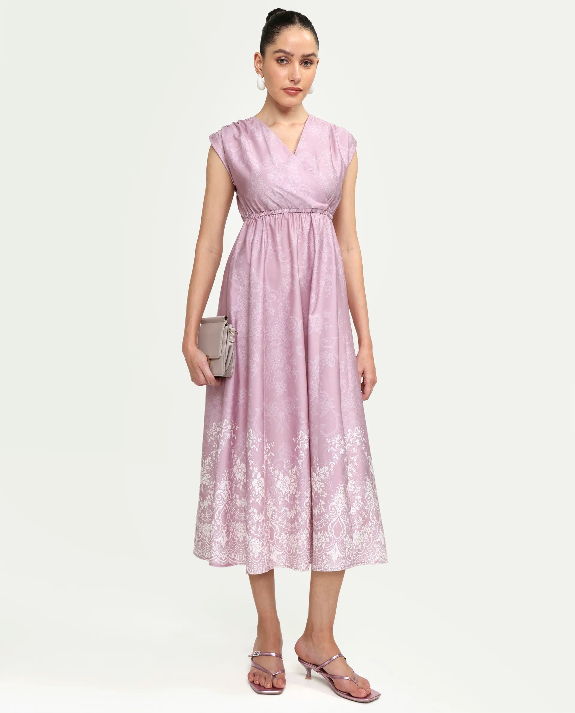 Rareism Women's Hync Pink Cotton Satin Half Sleeve V-Neck Elastic Fit And Flare Ornamental Print Dress