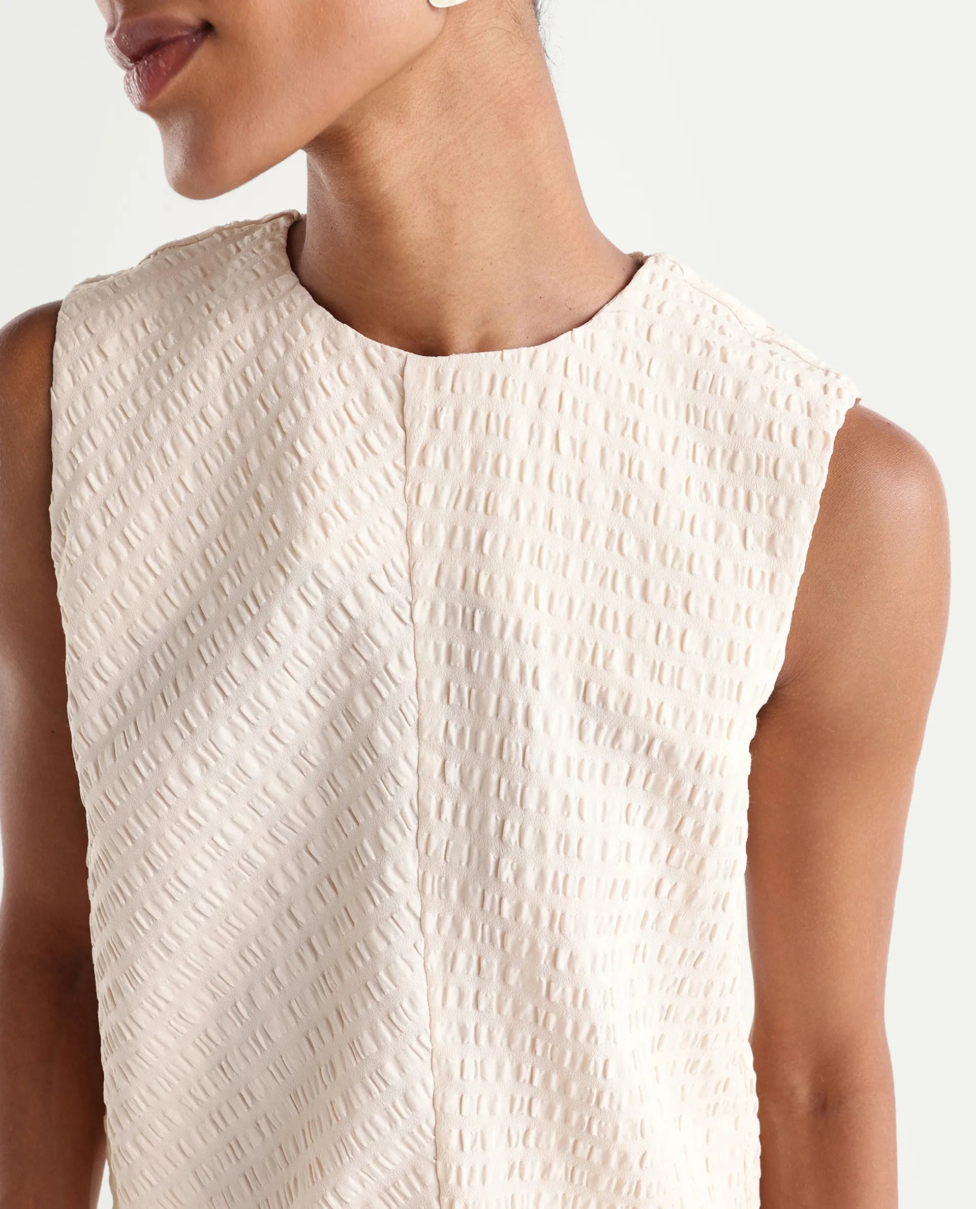 Rareism Women's Roulo-R Beige Polyester Sleeveless Crew Neck Button Relaxed Plain Top