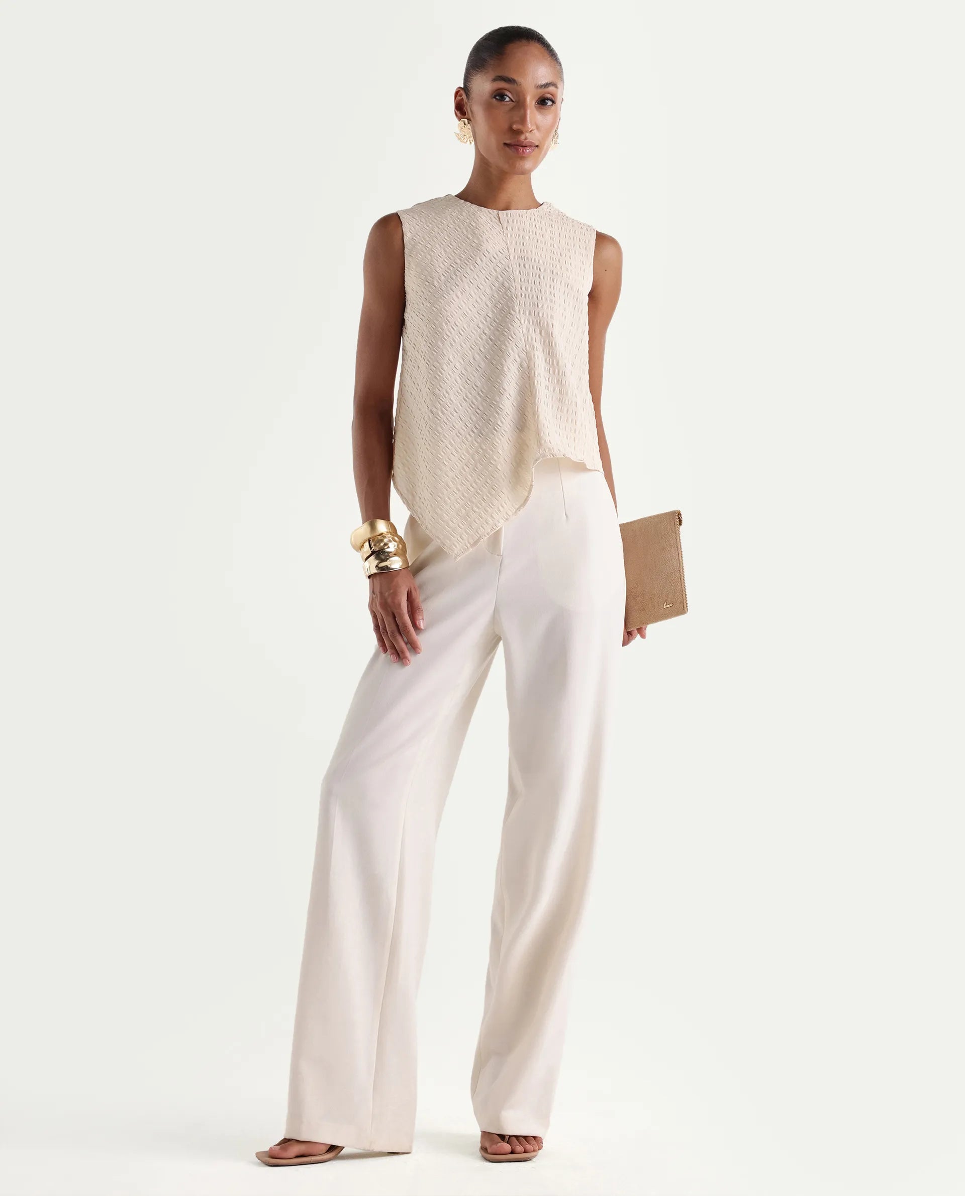 Rareism Women's Roulo-R Beige Polyester Sleeveless Crew Neck Button Relaxed Plain Top