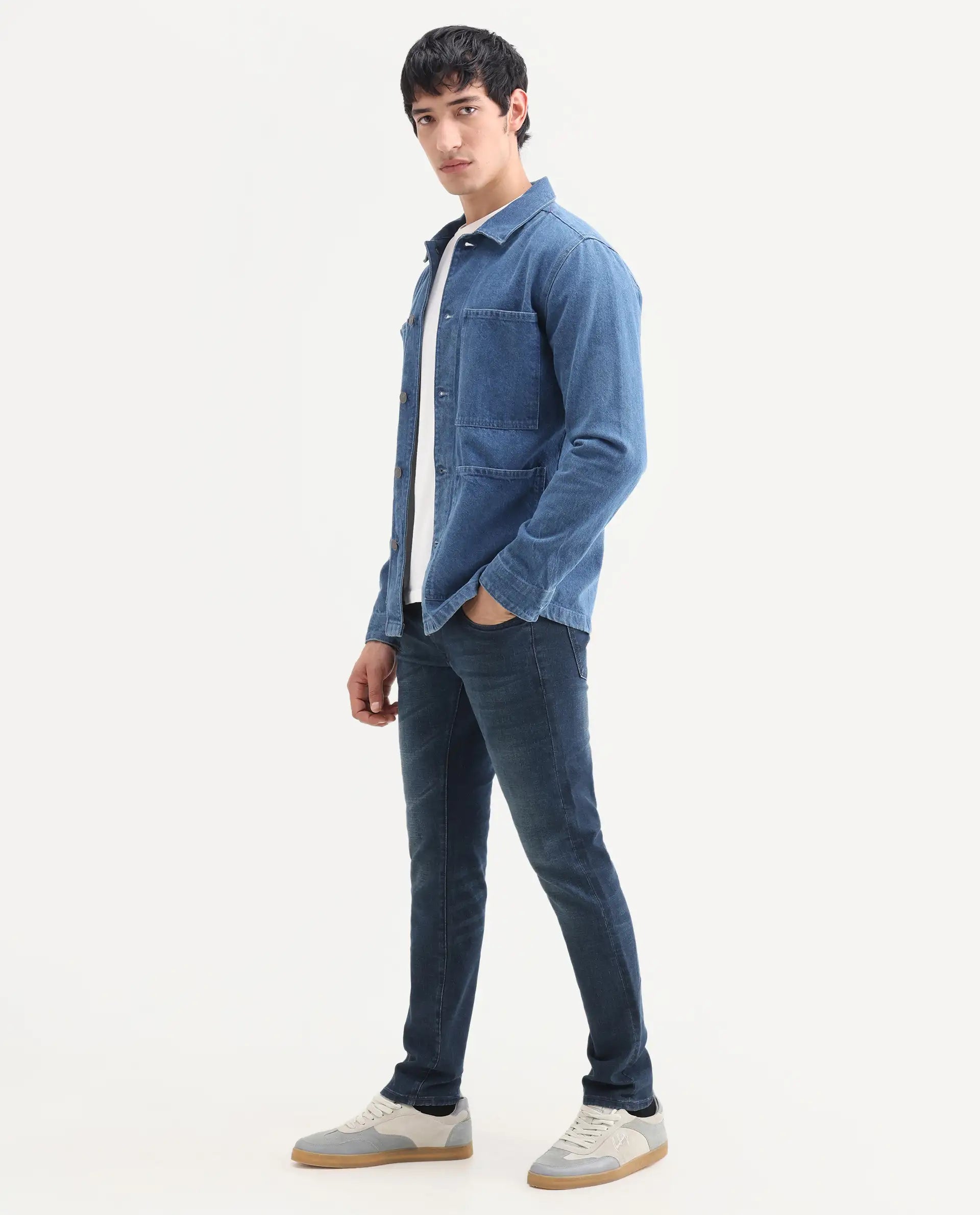 Rare Rabbit Men's Lenz D Dark Blue Cotton Blend Fabric Shank And Zipper Hawk Slim Plain Jeans